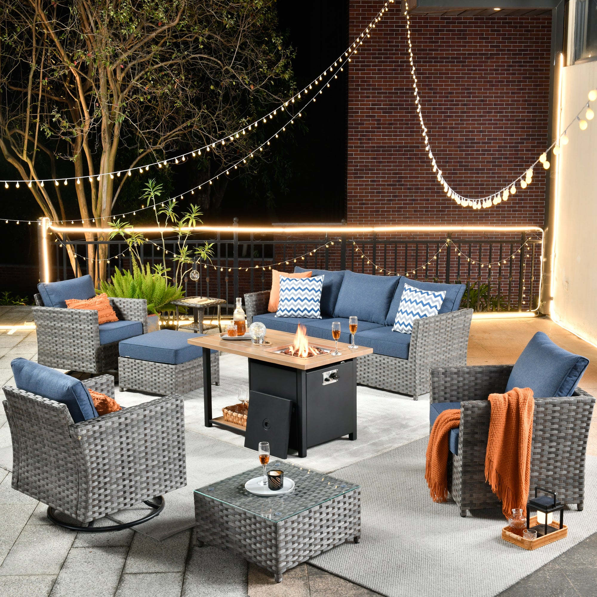 Ovios Patio Furniture Set 8-Piece include 42"Rectangle Fire Pit Table&Swivel Chairs, Partially Assembled,BRS Series