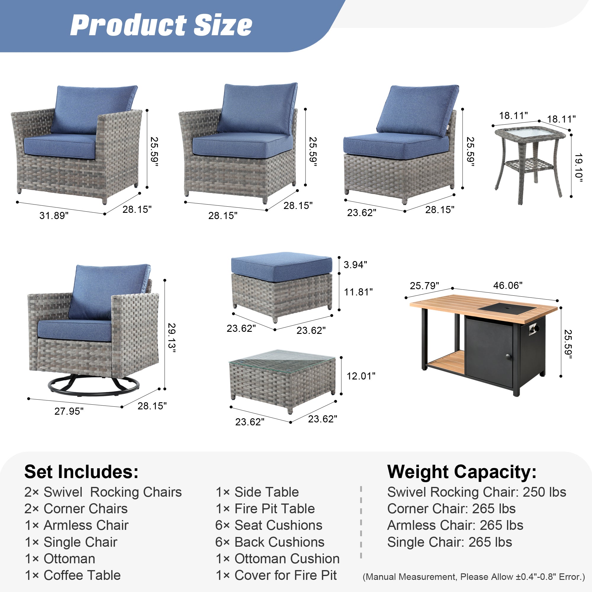 Ovios Patio Furniture Set 8-Piece include 42"Rectangle Fire Pit Table&Swivel Chairs, Partially Assembled,BRS Series