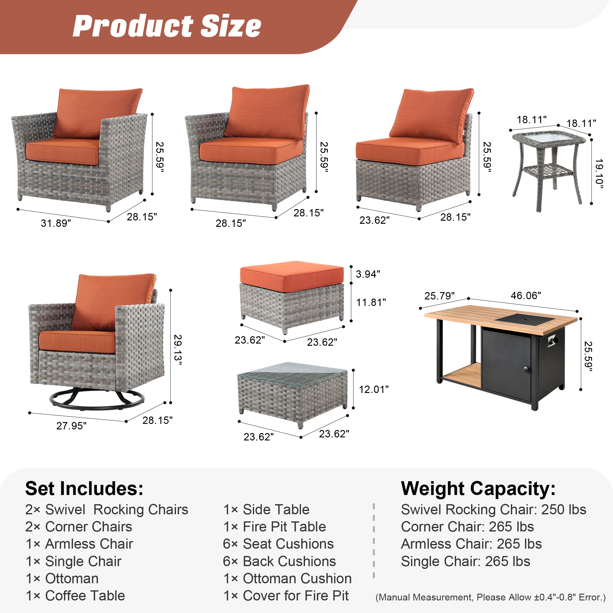 Ovios Patio Furniture Set 8-Piece include 42"Rectangle Fire Pit Table&Swivel Chairs, Partially Assembled,BRS Series