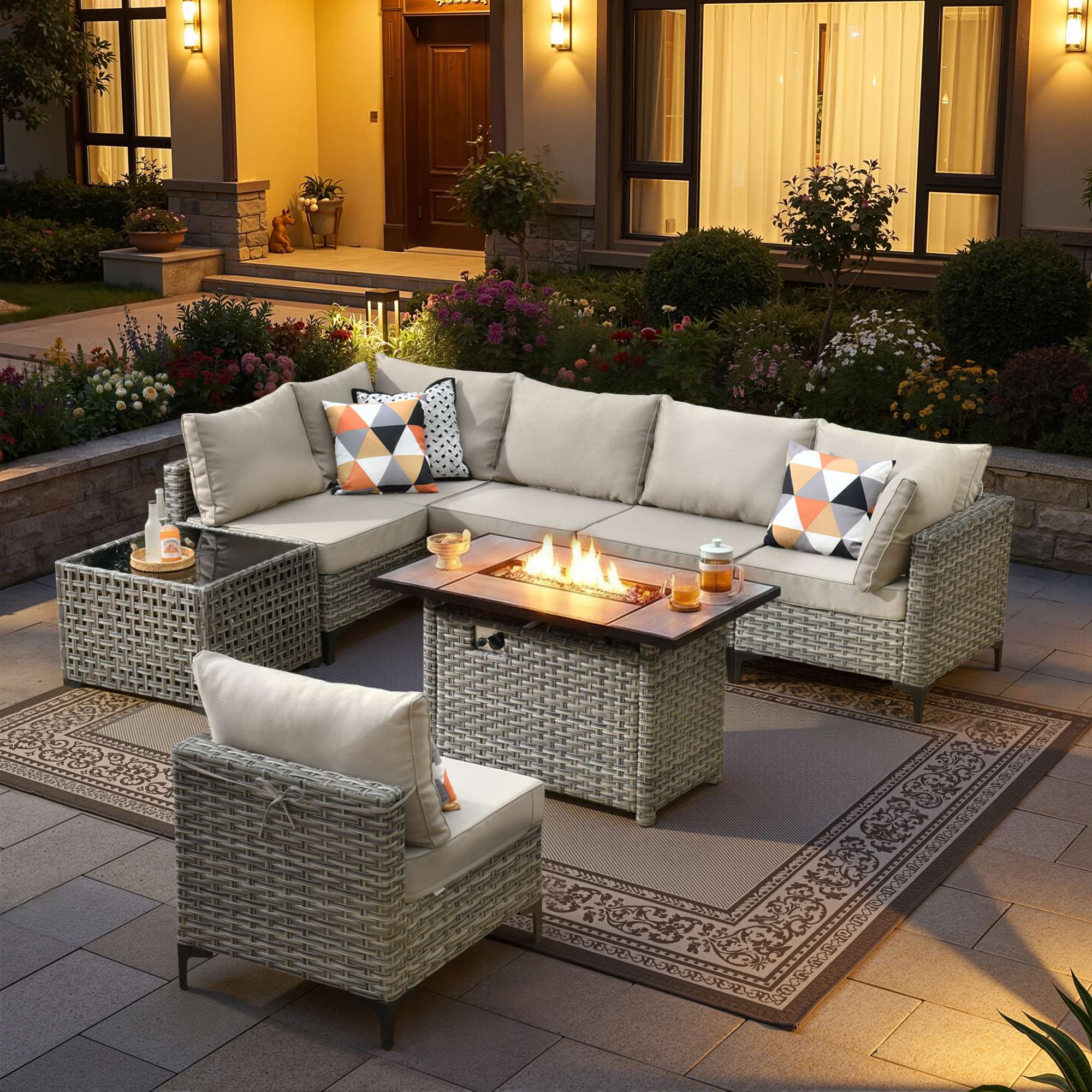 OVIOS Modular Wicker Patio Furniture Set with Fire Pit Table & Coffee Table