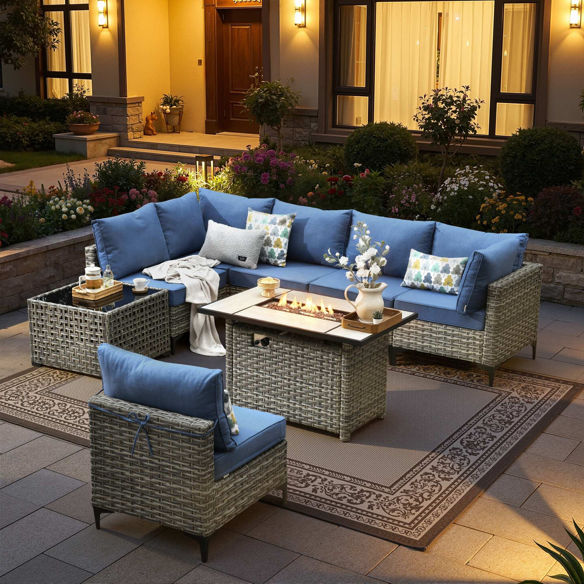 Modular Wicker Patio Set with Fire Pit