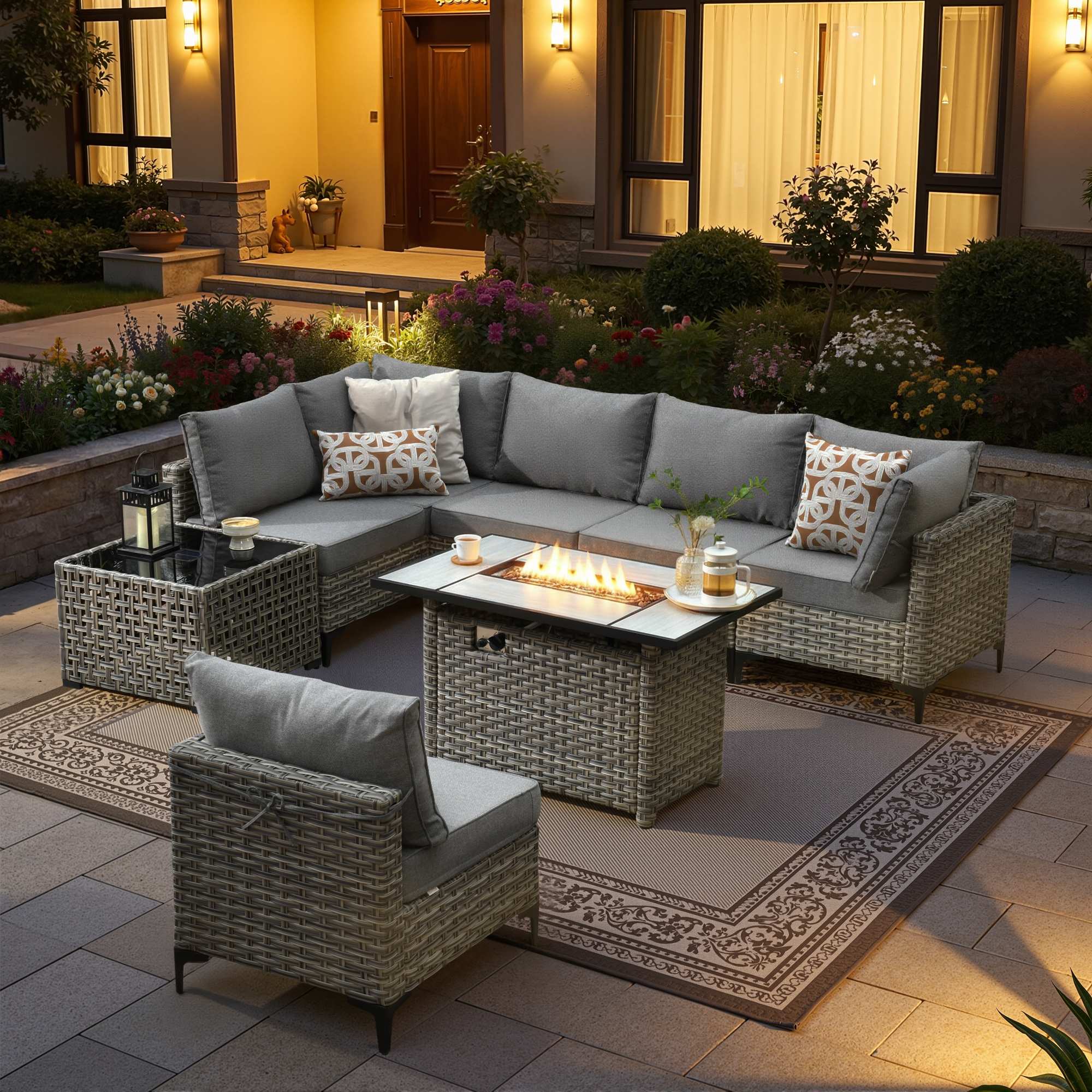 OVIOS Modular Wicker Patio Furniture Set with Fire Pit Table & Coffee Table