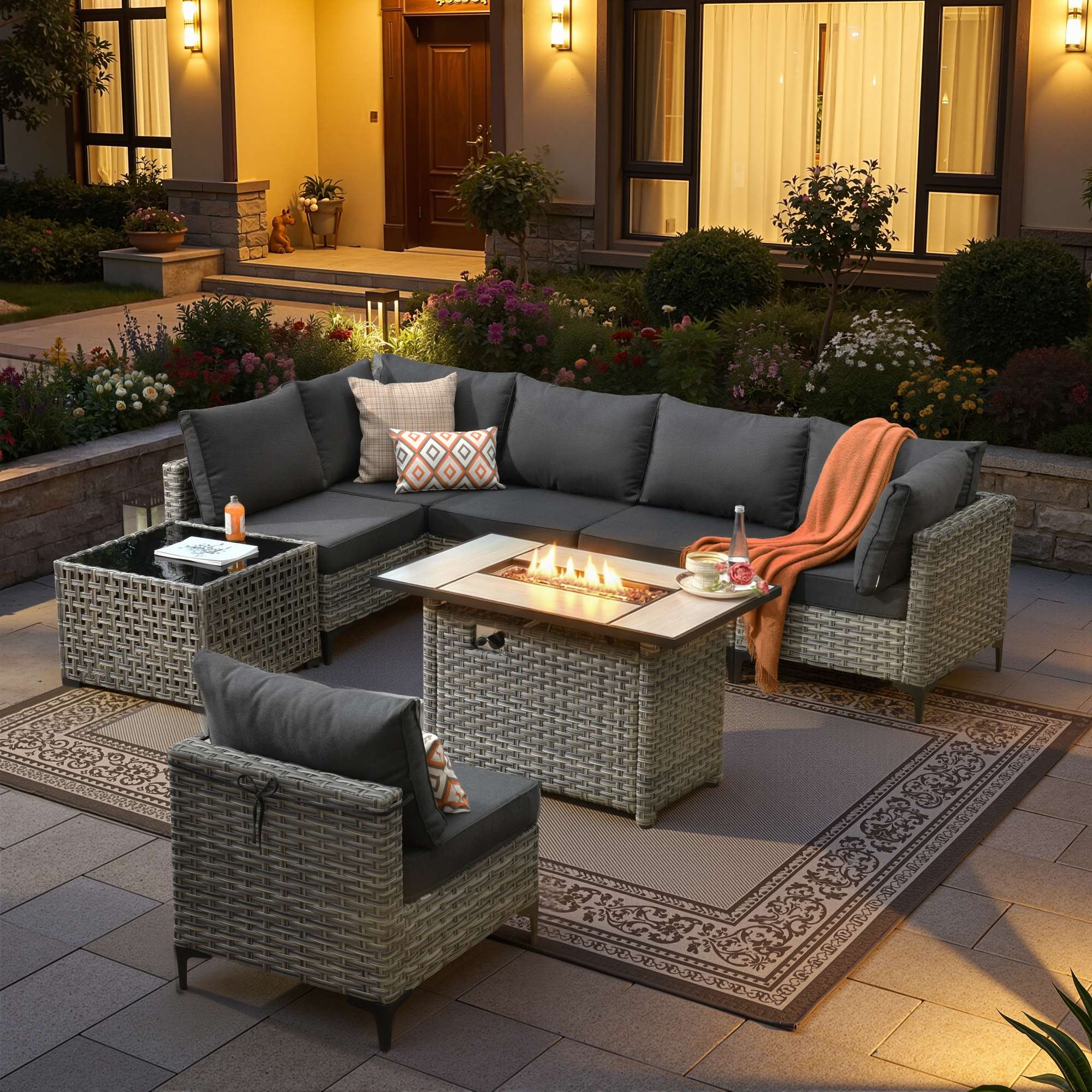 OVIOS Modular Wicker Patio Furniture Set with Fire Pit Table & Coffee Table