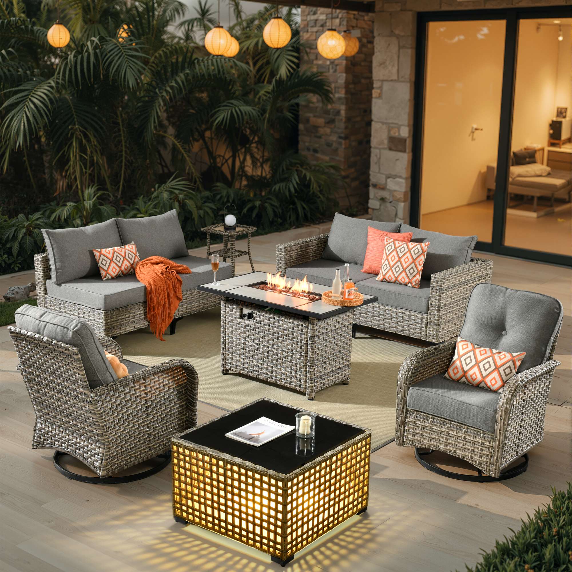 OVIOS All-Weather Patio Furniture Set with Swivel Rocking Chairs & Fire Table