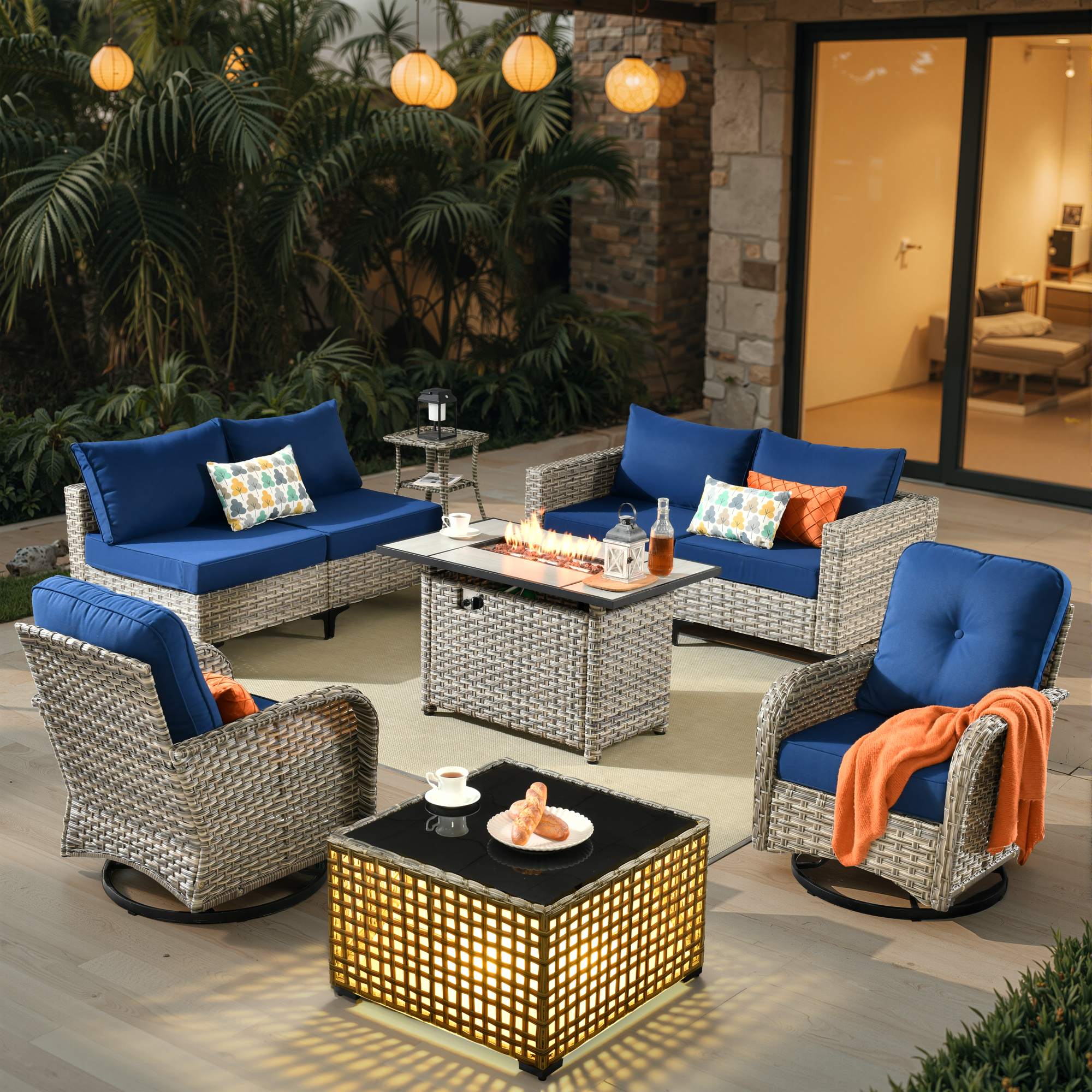 OVIOS All-Weather Patio Furniture Set with Swivel Rocking Chairs & Fire Table