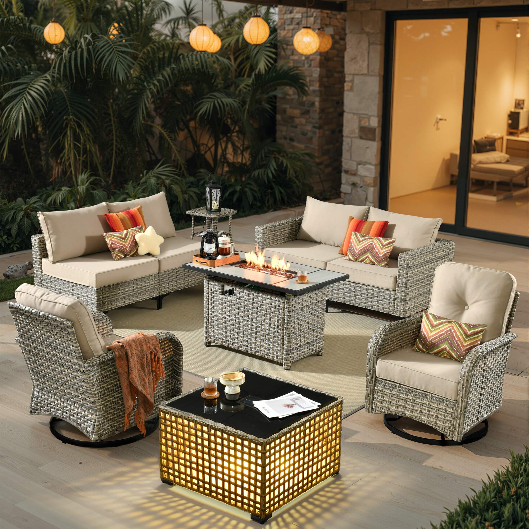 OVIOS All-Weather Patio Furniture Set with Swivel Rocking Chairs & Fire Table