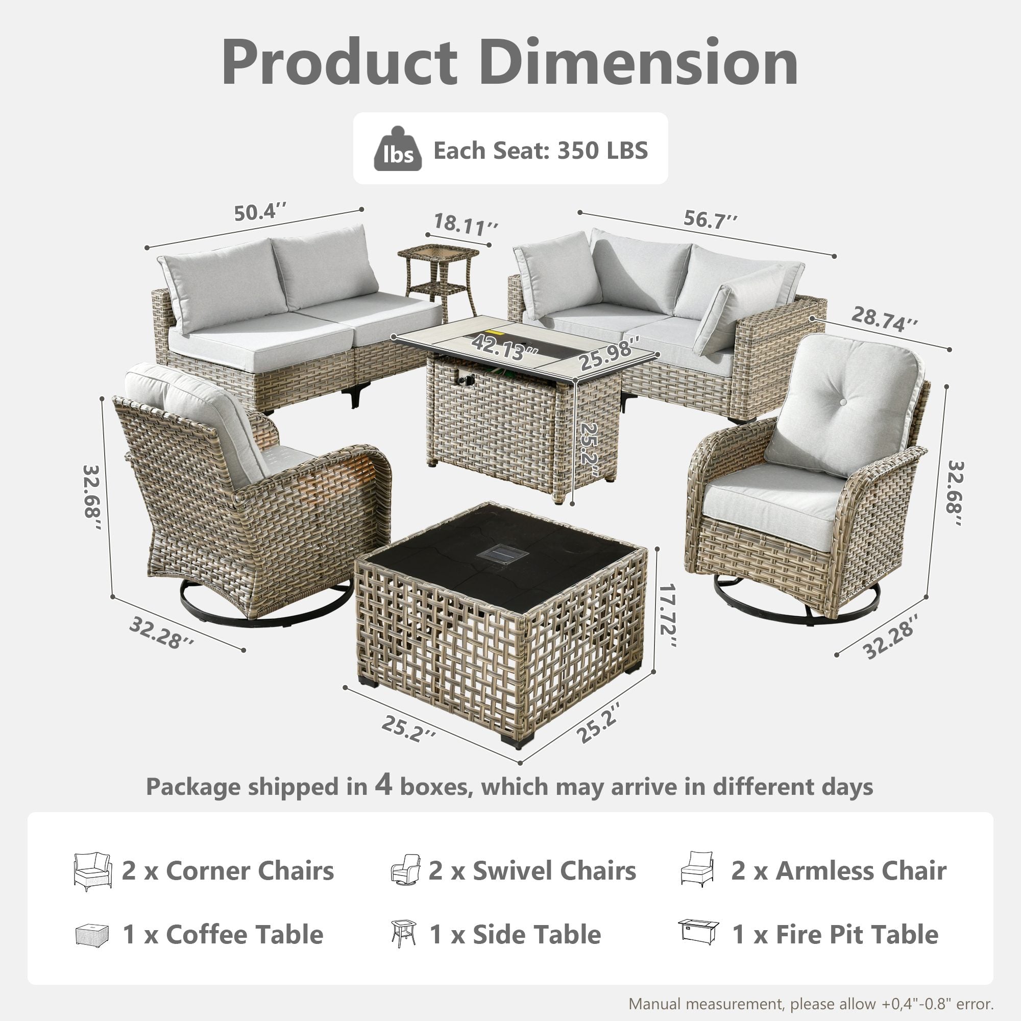 Dimensions of OVIOS all-weather patio set: swivel chairs, fire table, PE rattan.