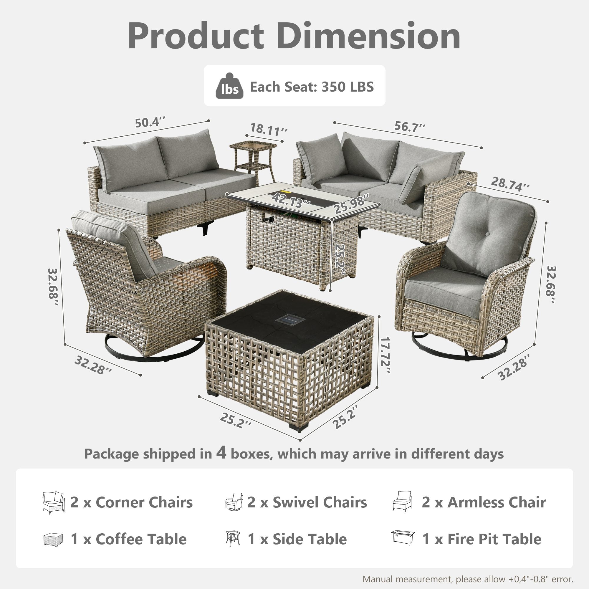 OVIOS All-Weather patio set dimensions: modular seating, swivel chairs & fire table.