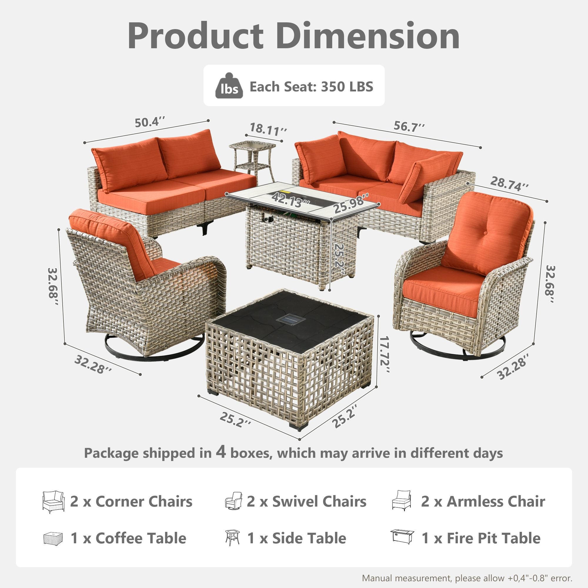 OVIOS all-weather patio set dimensions with orange cushion swivel chairs & fire table