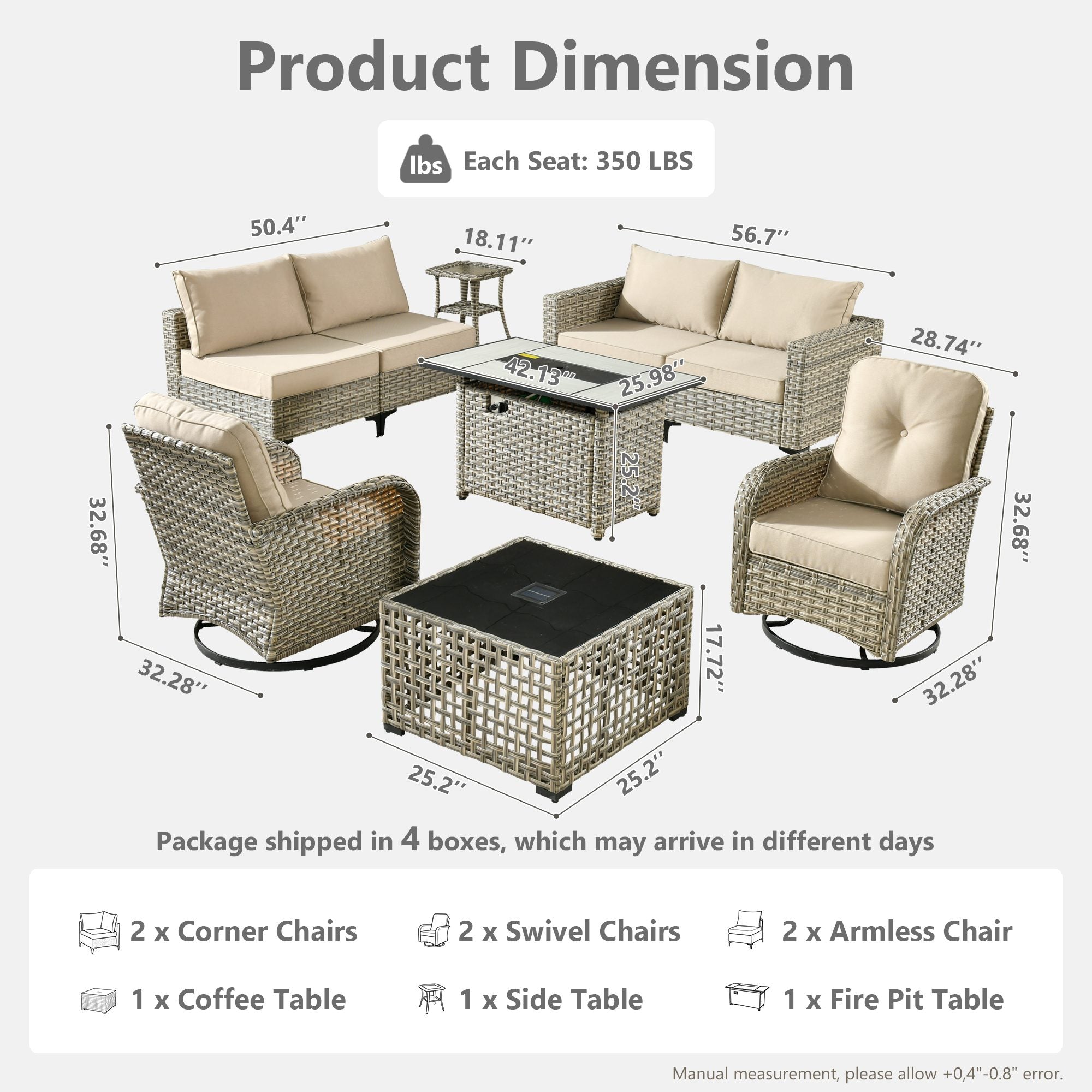 OVIOS all-weather patio set dimensions: swivel chairs, fire table, sofas, coffee table.