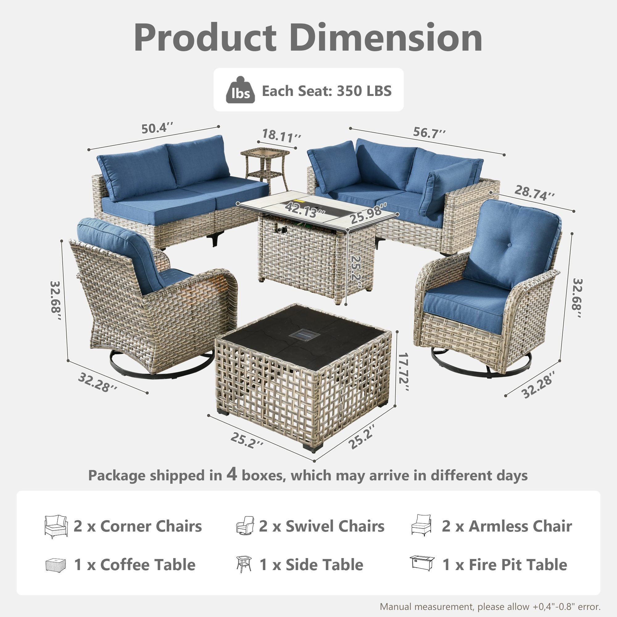 Product dimensions diagram for OVIOS all-weather patio set with swivel chairs & fire table.