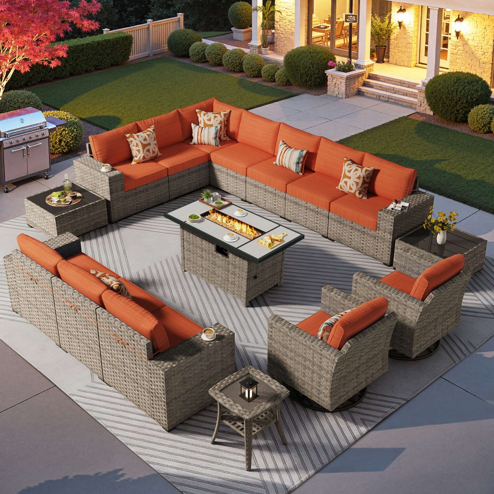 Ovios Outdoor Patio Furniture Set with Fire Pit Table and Chairs with Wide Armrests