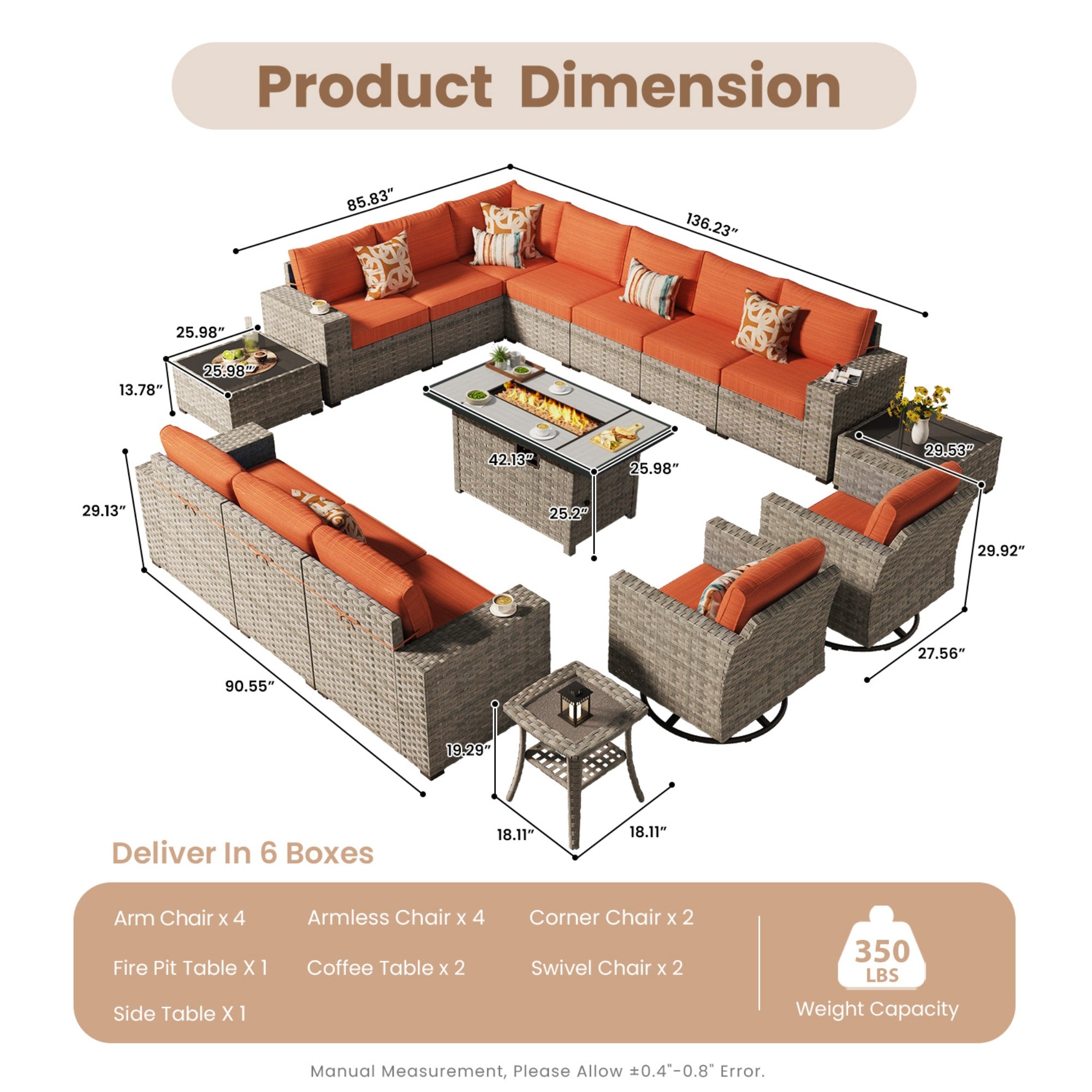 Ovios Outdoor Patio Furniture Set with Fire Pit Table and Chairs with Wide Armrests