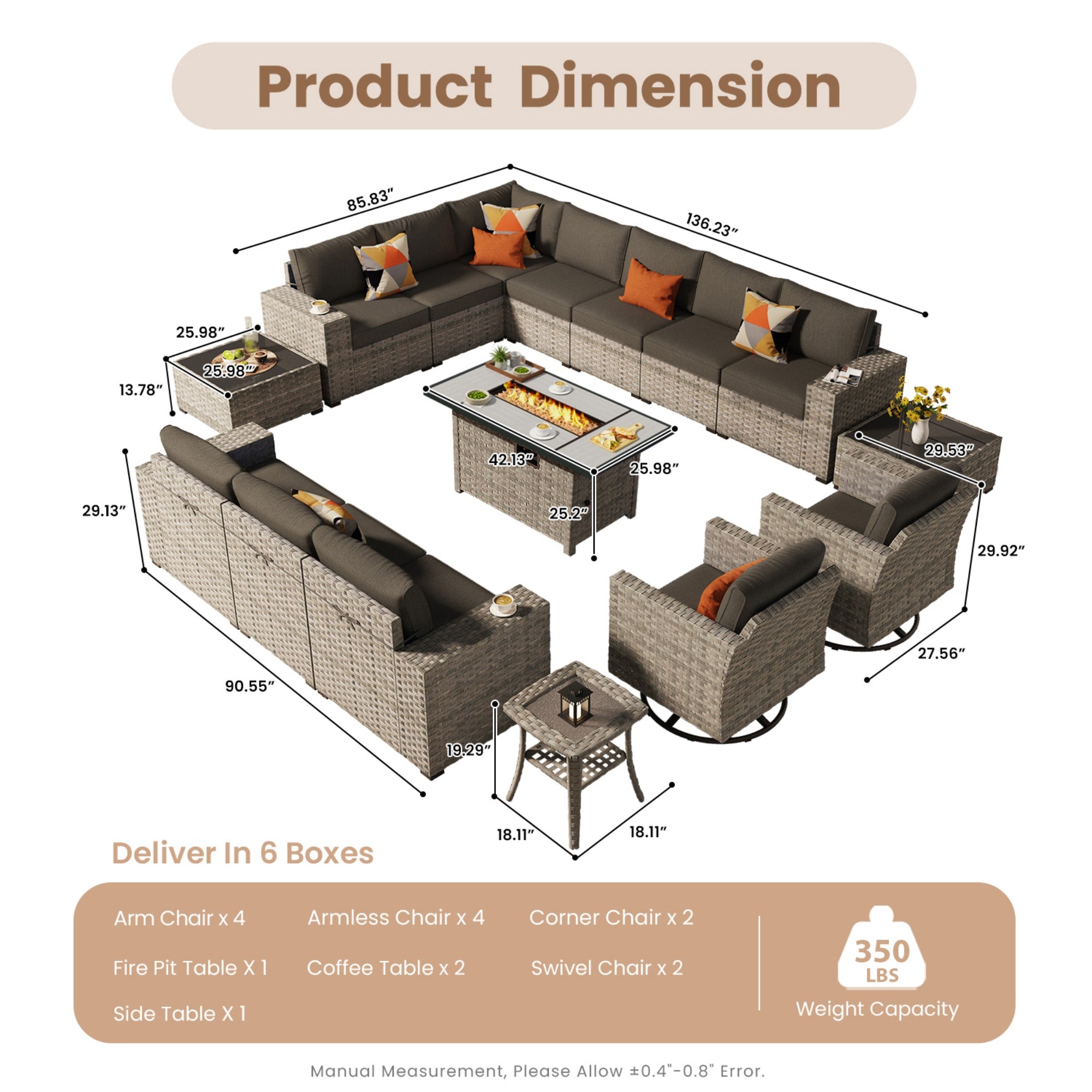 Ovios Outdoor Patio Furniture Set with Fire Pit Table and Chairs with Wide Armrests