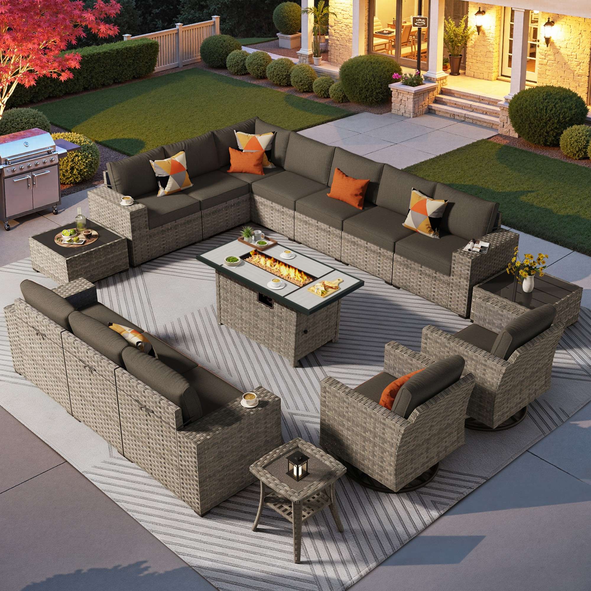 Ovios Outdoor Patio Furniture Set with Fire Pit Table and Chairs with Wide Armrests