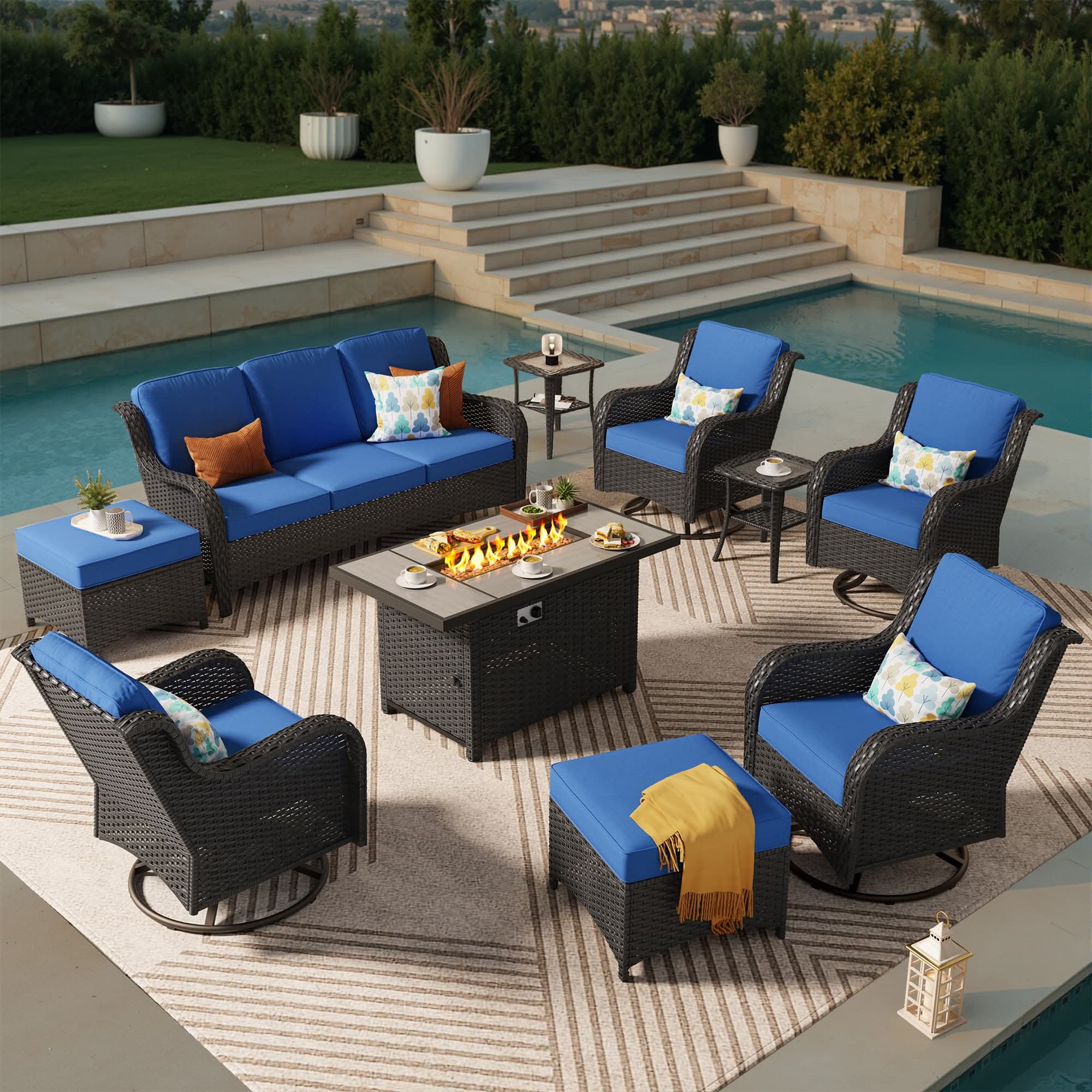 OVIOS Wicker Patio Fire Pit Conversation Seating Set