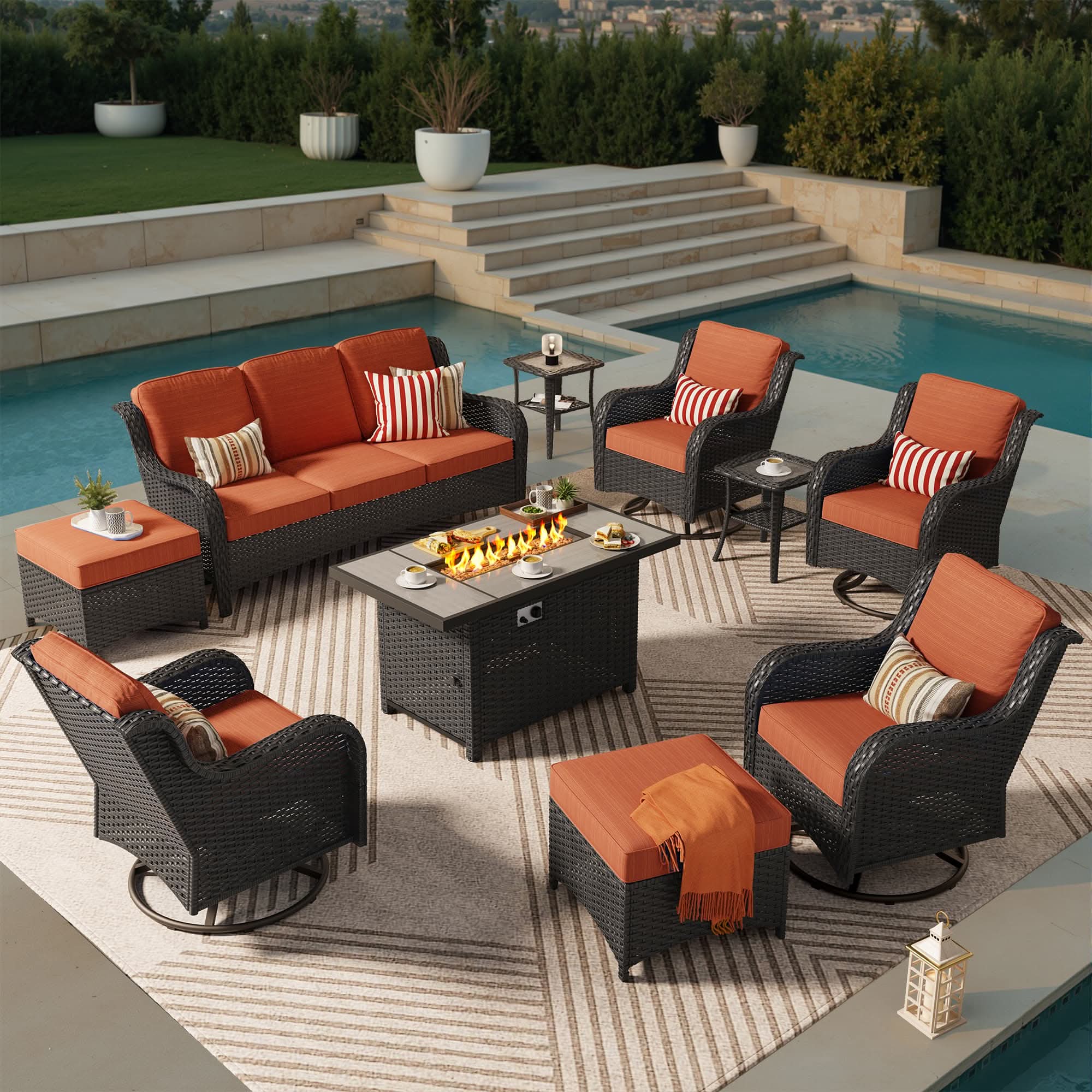 OVIOS Wicker Patio Fire Pit Conversation Seating Set