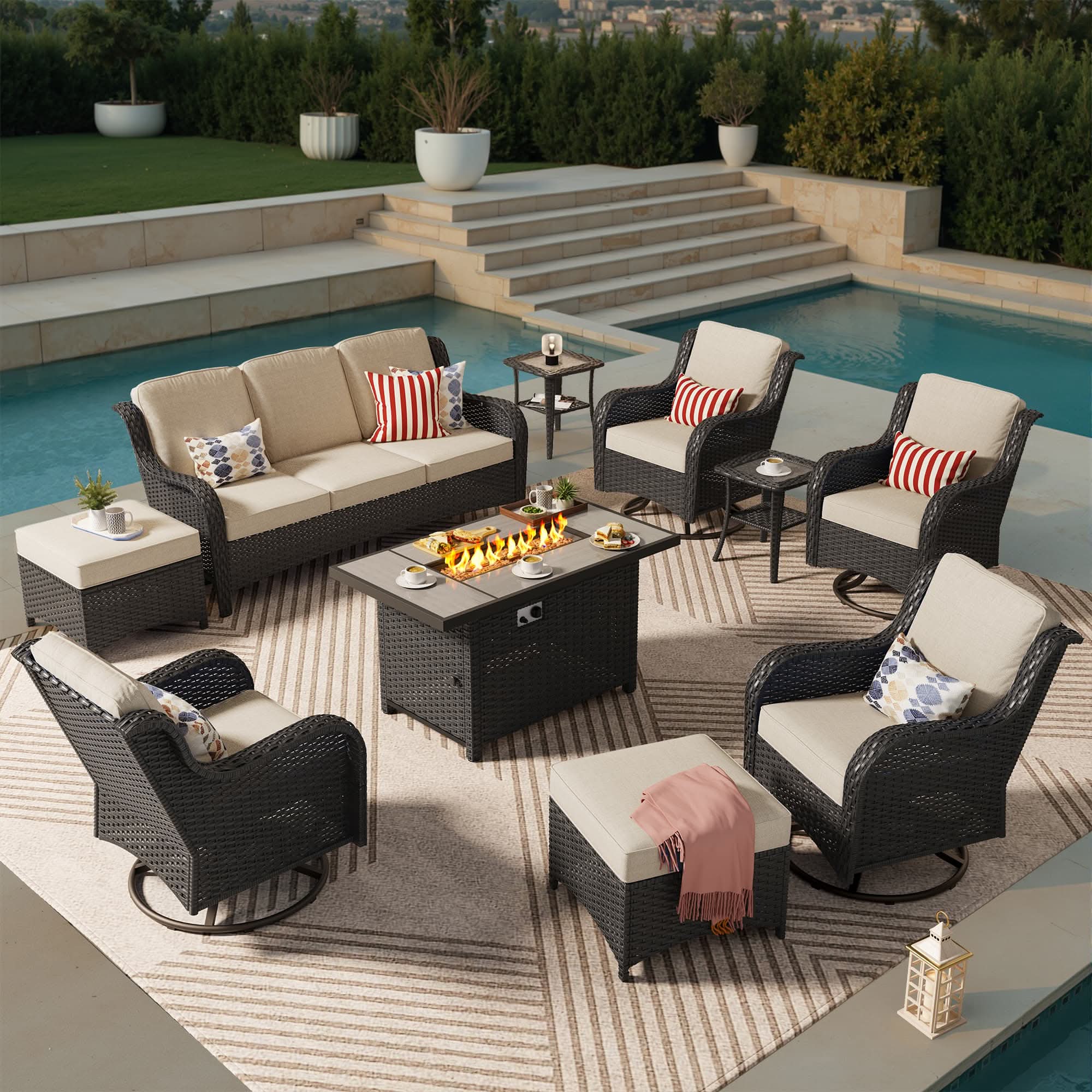 OVIOS Wicker Patio Fire Pit Conversation Seating Set