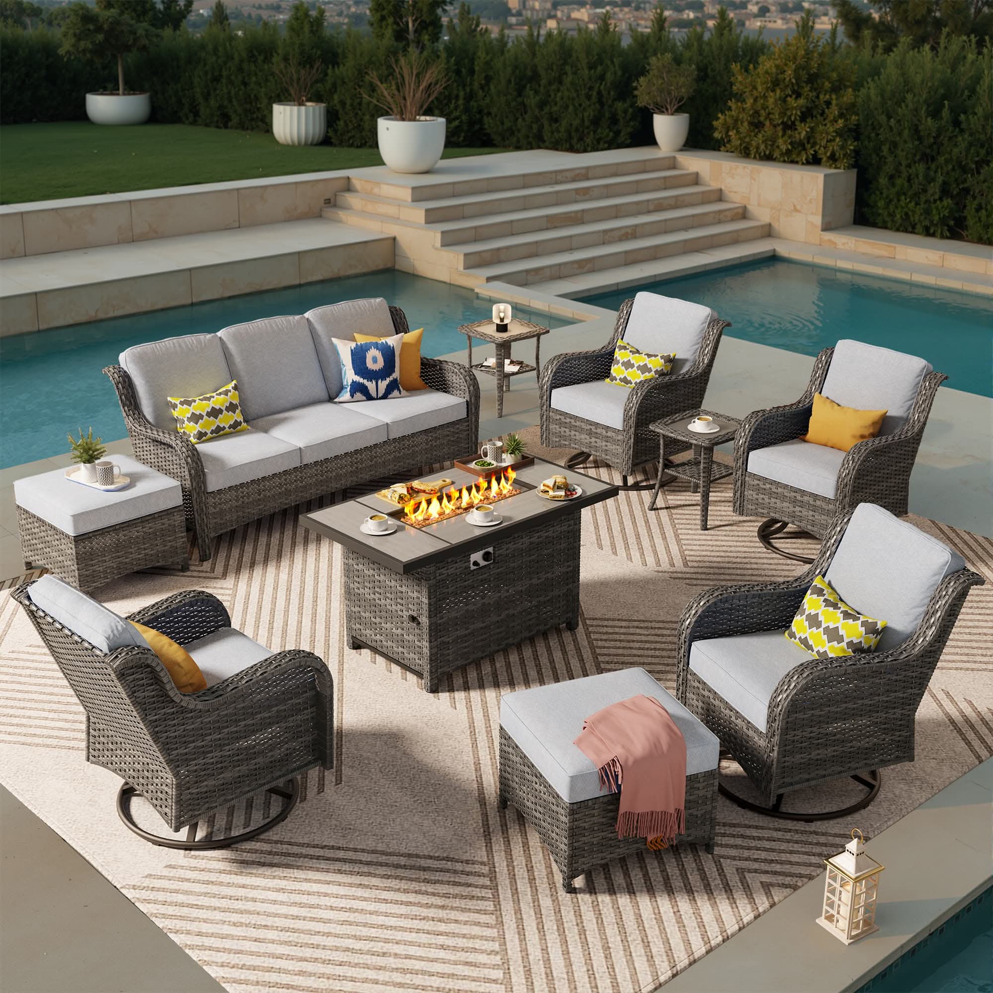 OVIOS Wicker Patio Fire Pit Conversation Seating Set