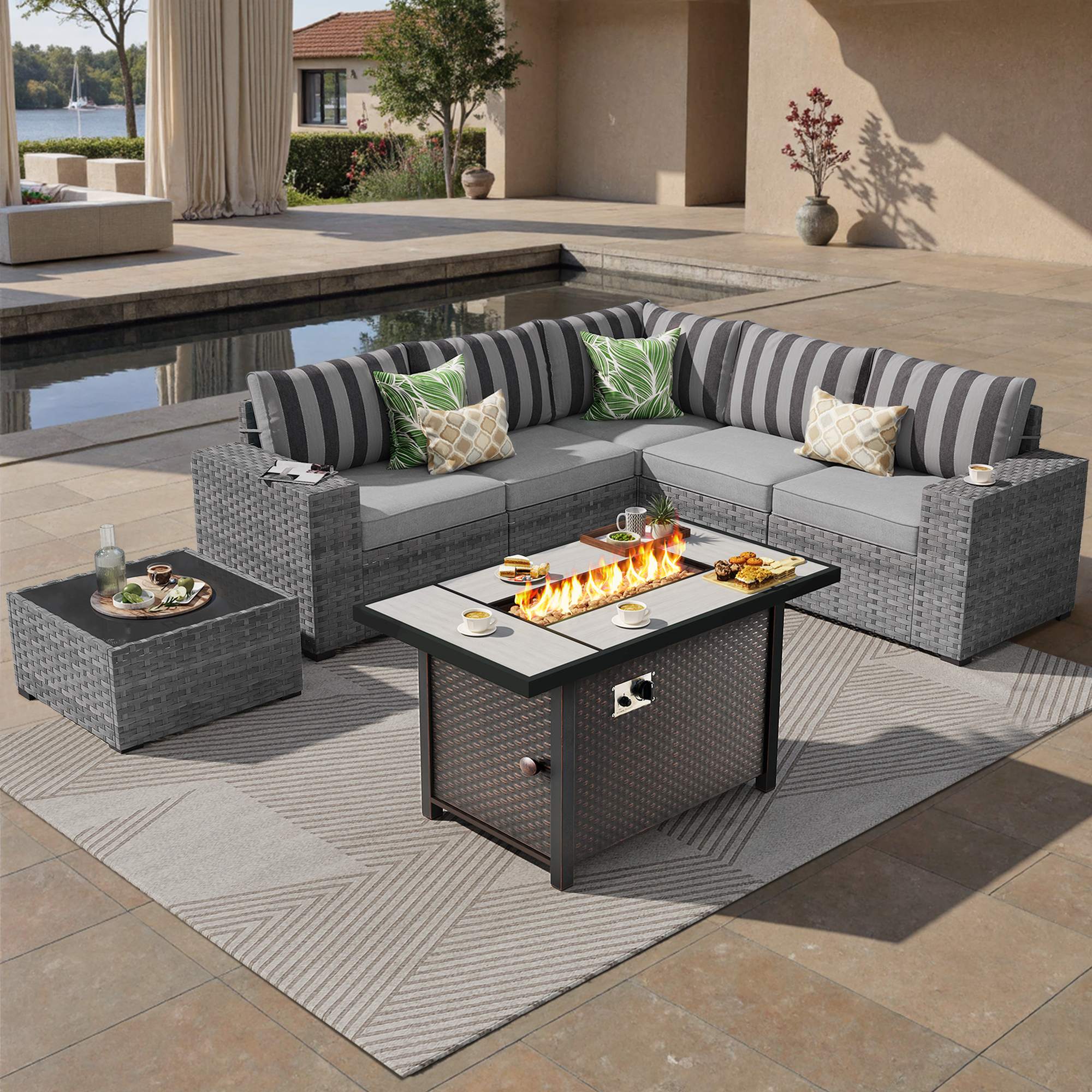 OVIOS Outdoor Patio Furniture Set with Fire Pit Table Wide Armrest Chairs and Rocking Chairs