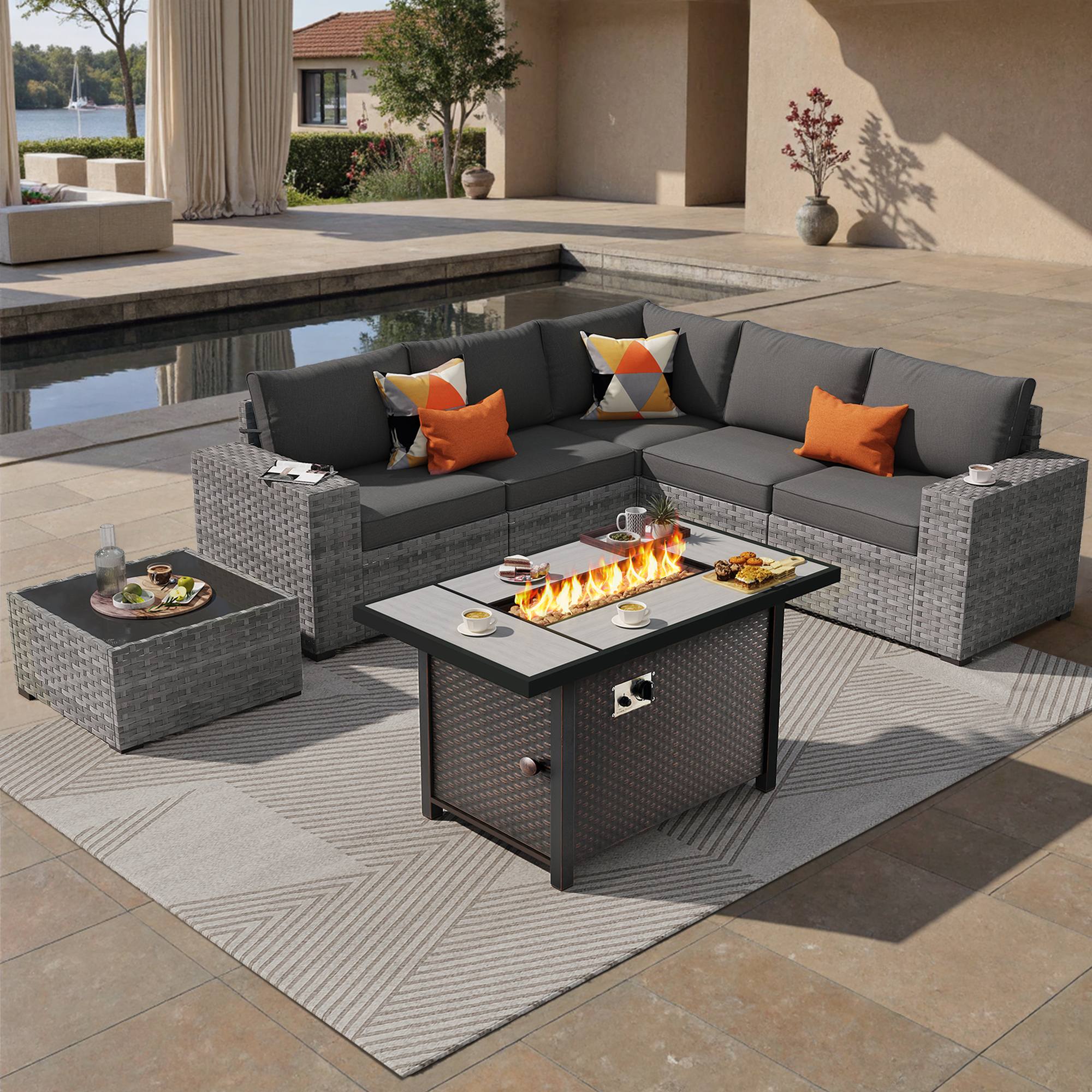 OVIOS Outdoor Patio Furniture Set with Fire Pit Table Wide Armrest Chairs and Rocking Chairs