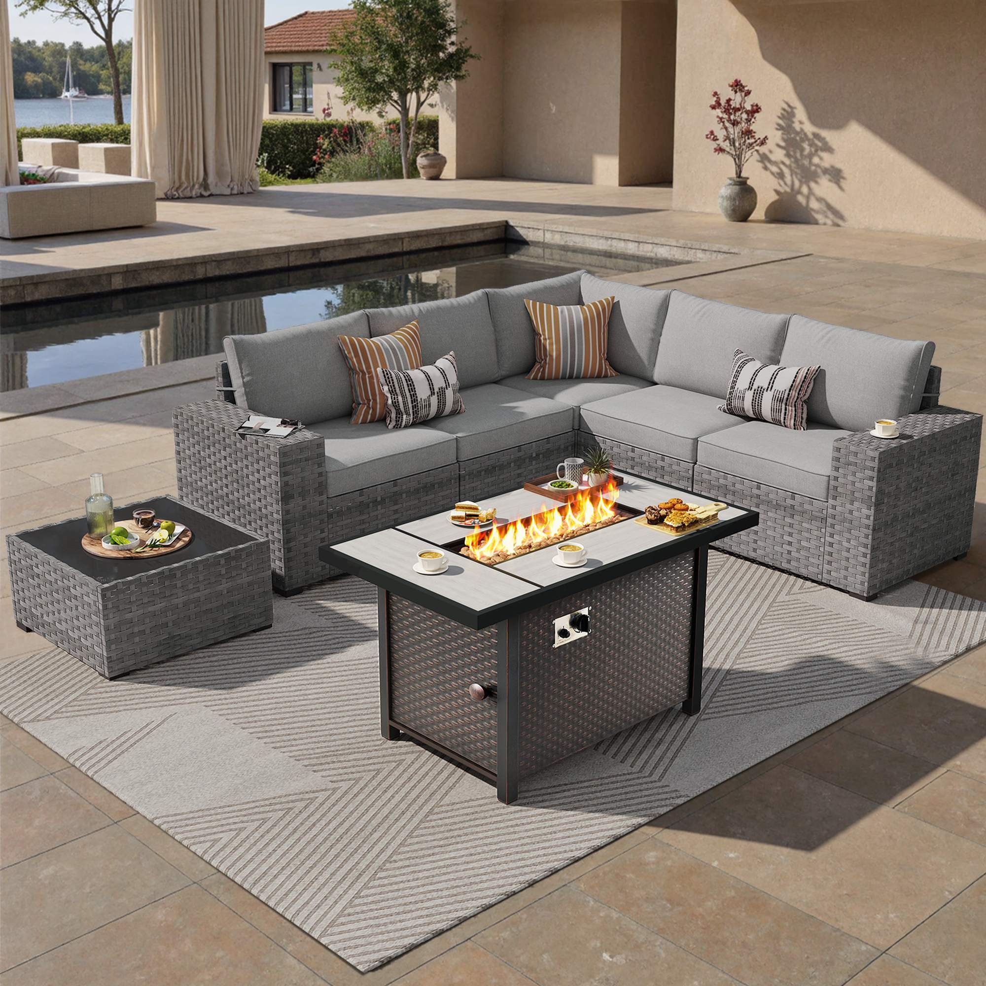 OVIOS Outdoor Patio Furniture Set with Fire Pit Table Wide Armrest Chairs and Rocking Chairs