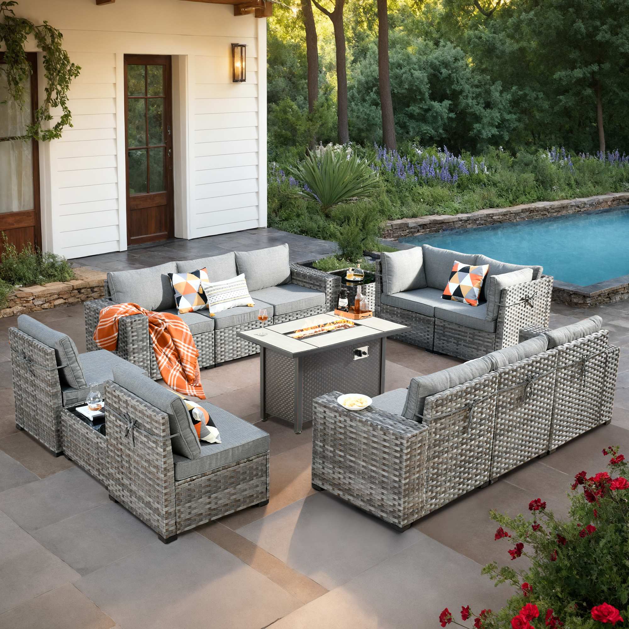 OVIOS Outdoor Patio Furniture Set with Fire Pit Table Wide Armrest Chairs and Rocking Chairs
