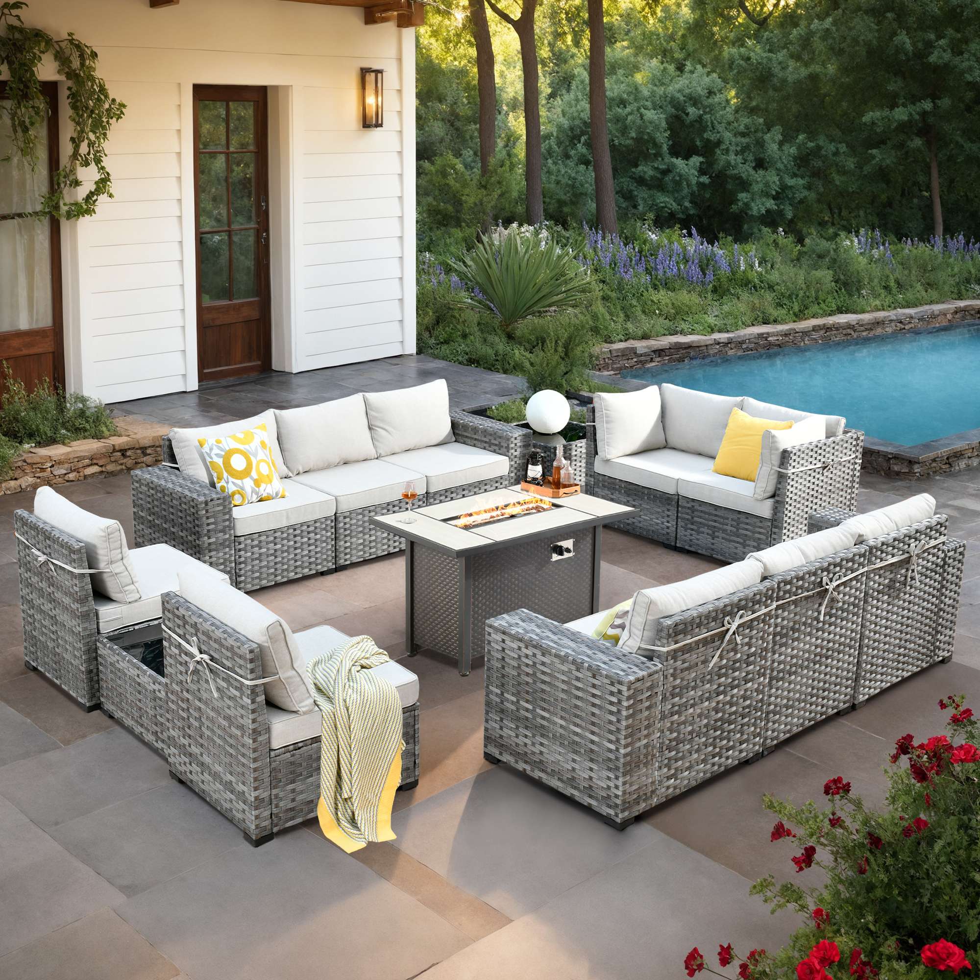 OVIOS Outdoor Patio Furniture Set with Fire Pit Table Wide Armrest Chairs and Rocking Chairs