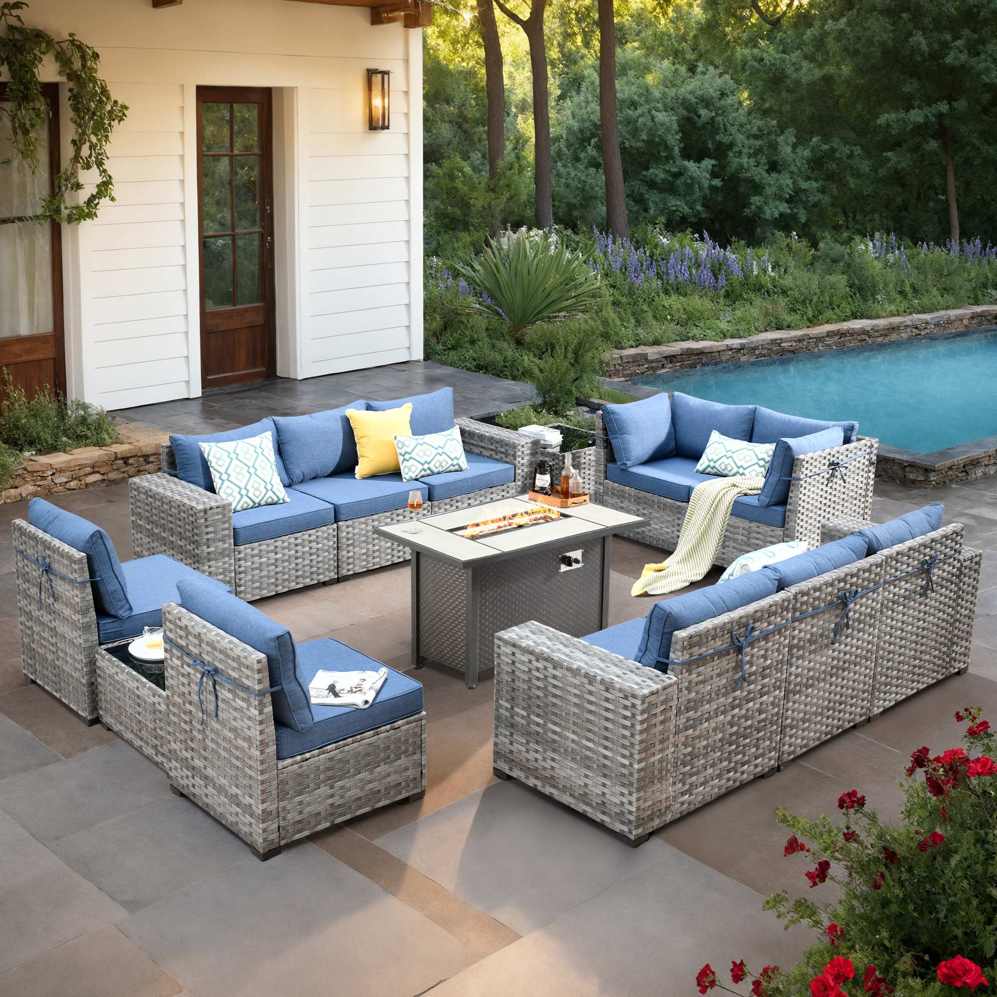 OVIOS Outdoor Patio Furniture Set with Fire Pit Table Wide Armrest Chairs and Rocking Chairs