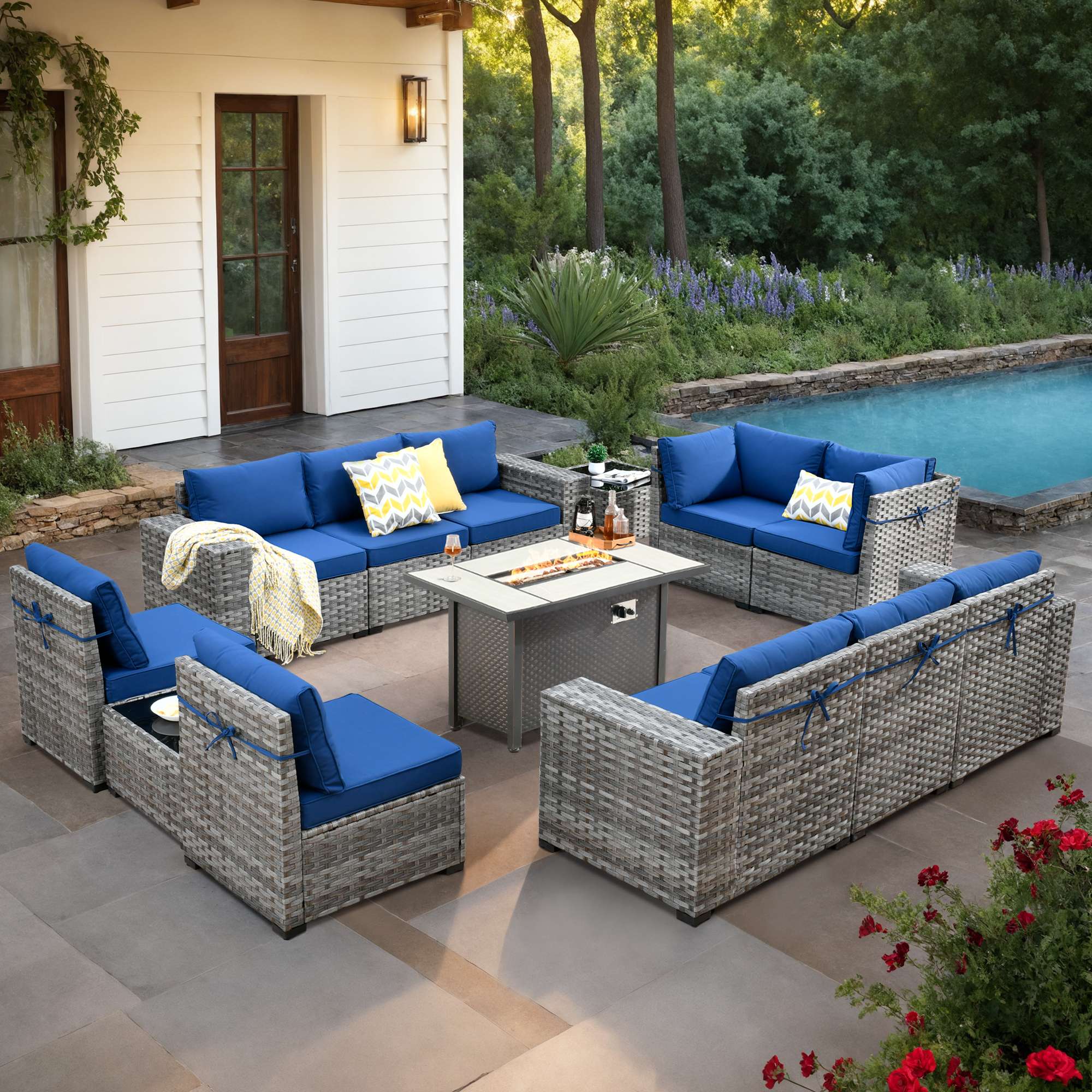 OVIOS Outdoor Patio Furniture Set with Fire Pit Table Wide Armrest Chairs and Rocking Chairs