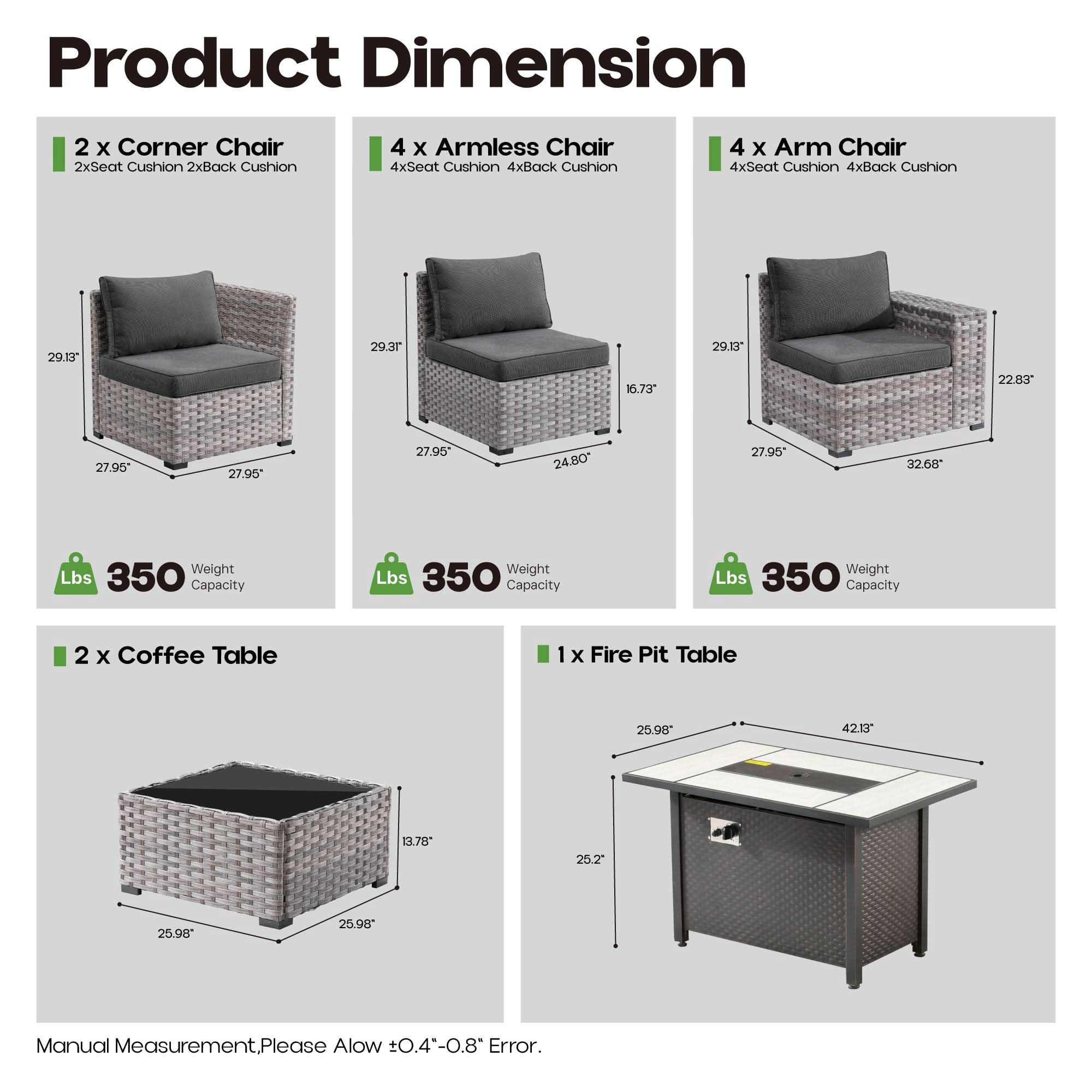 Black | OVIOS outdoor patio furniture set dimensions: corner, armless, arm chairs, coffee & fire pit tables, rattan.