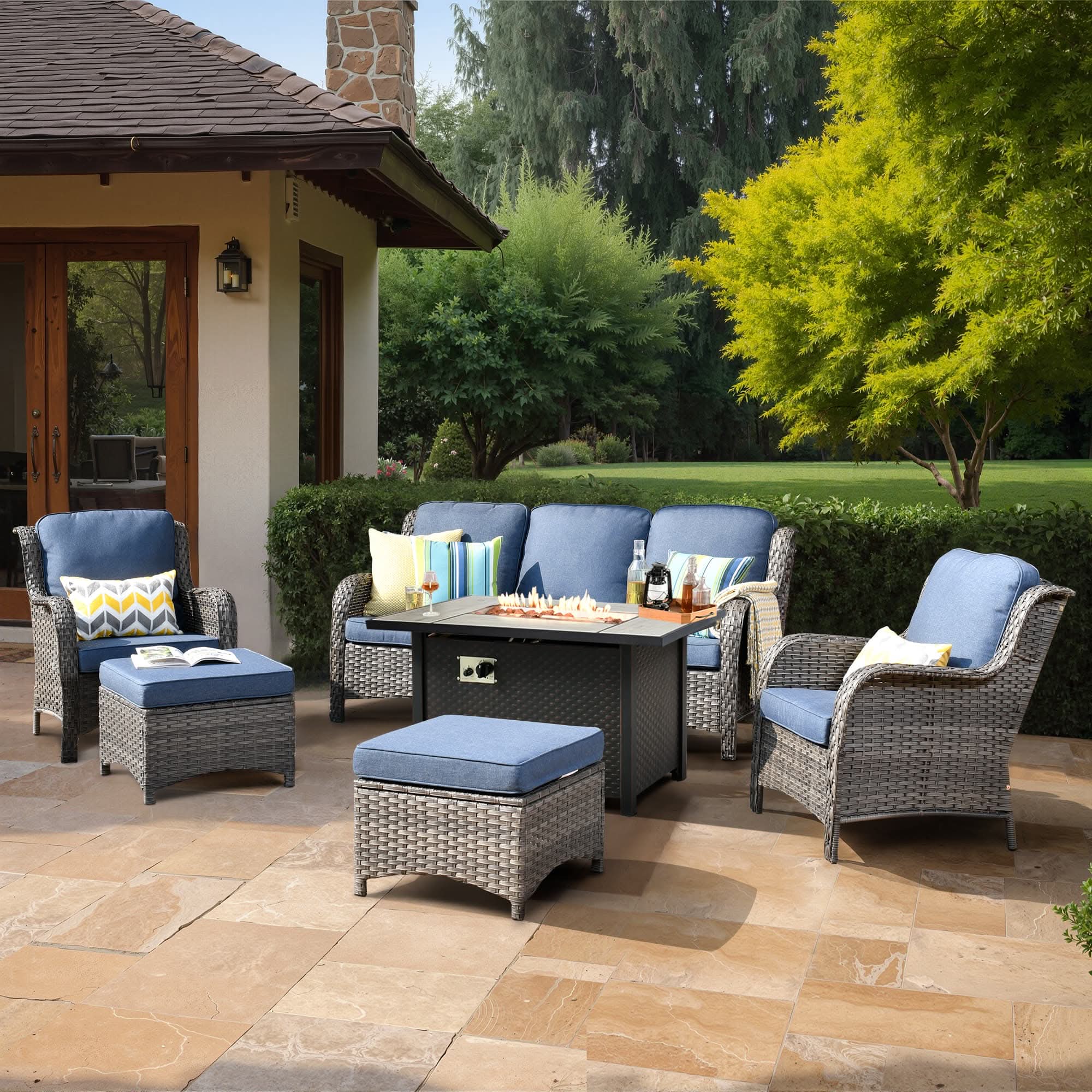 OVIOS Outdoor Wicker Patio Furniture Set with Fire Pit Table