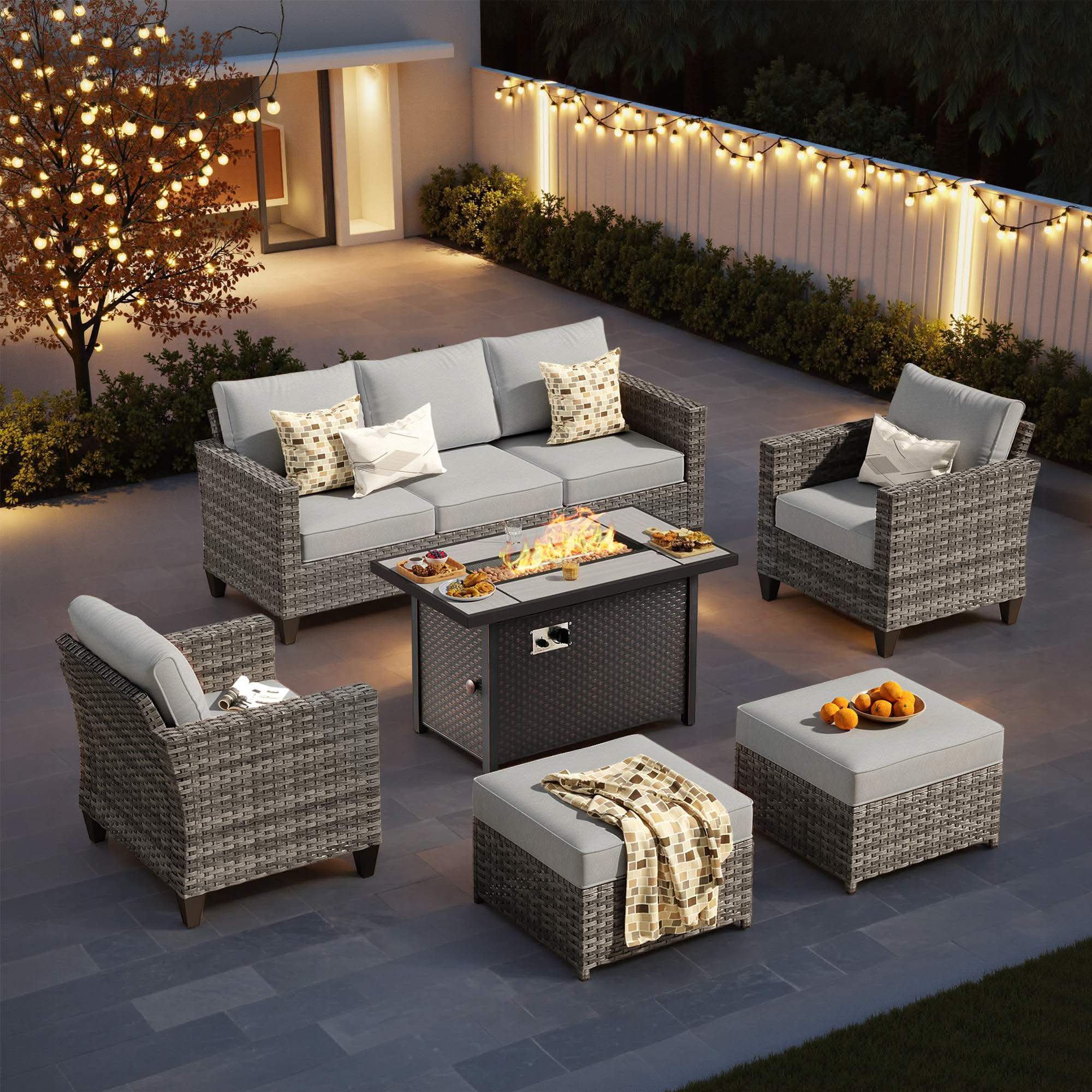 OVIOS Outdoor Patio Conversation Set with Fire Pit Table – Modern Wicker Sofa Seating