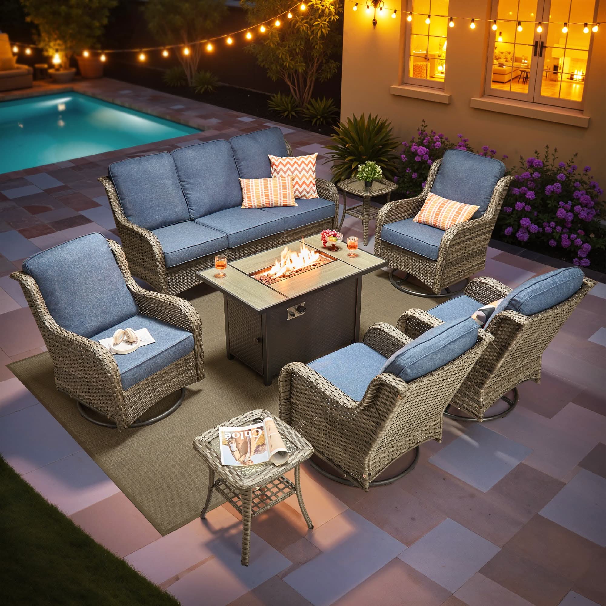 OVIOS Outdoor Wicker Patio Furniture Set with Fire Pit Table
