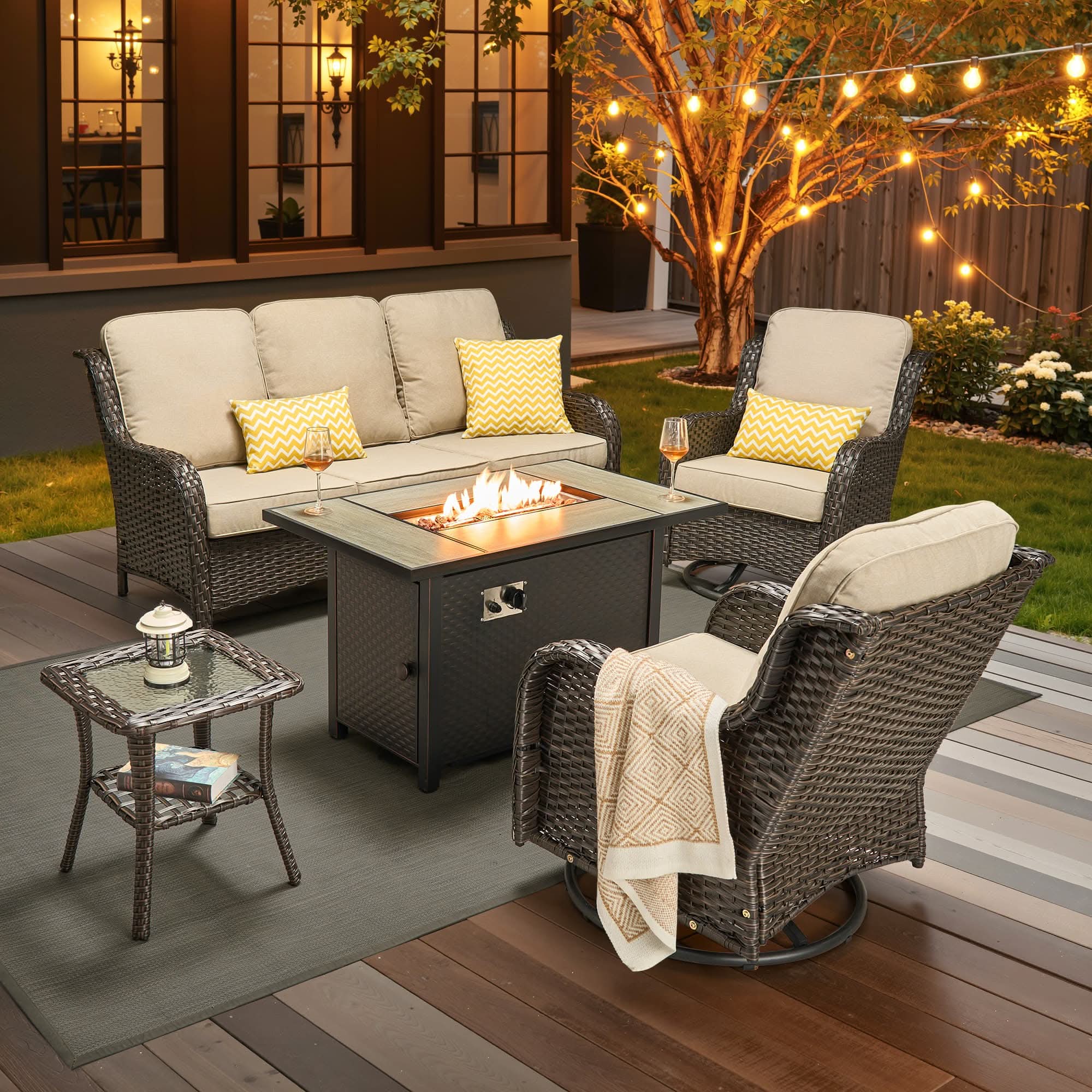 OVIOS Outdoor Wicker Patio Furniture Set with Fire Pit Table