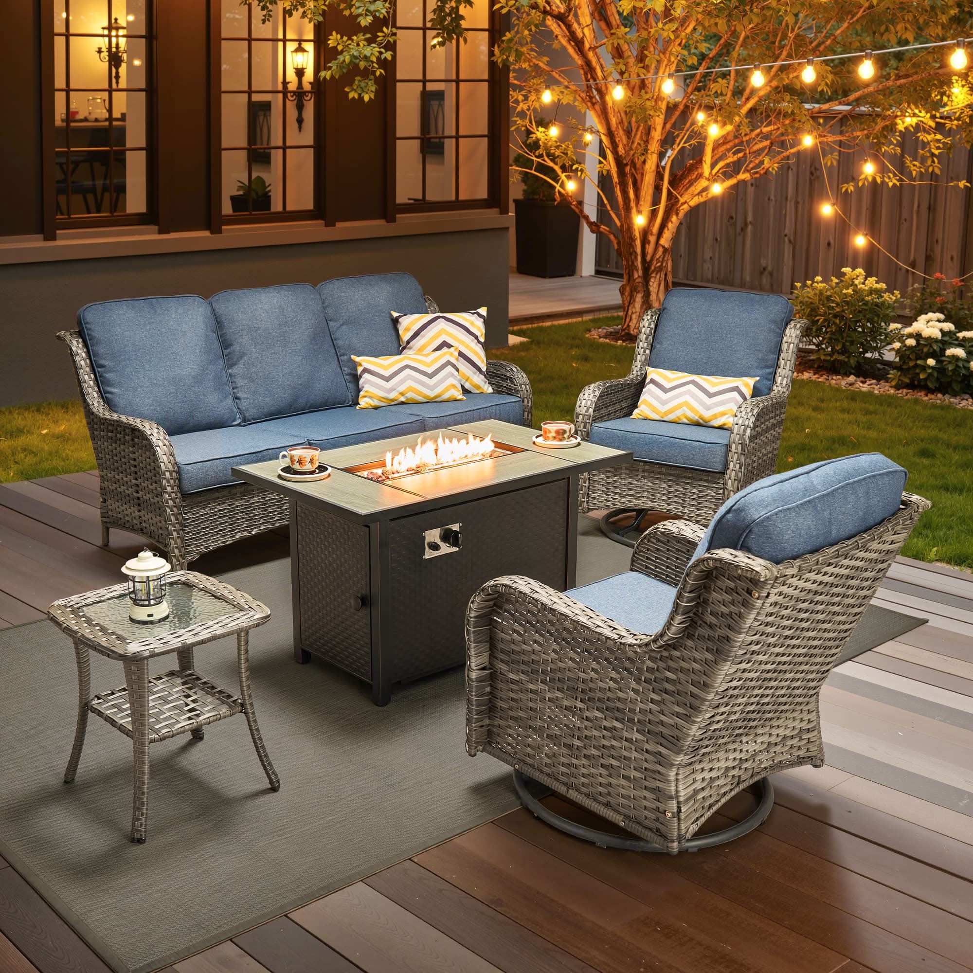 OVIOS Outdoor Wicker Patio Furniture Set with Fire Pit Table