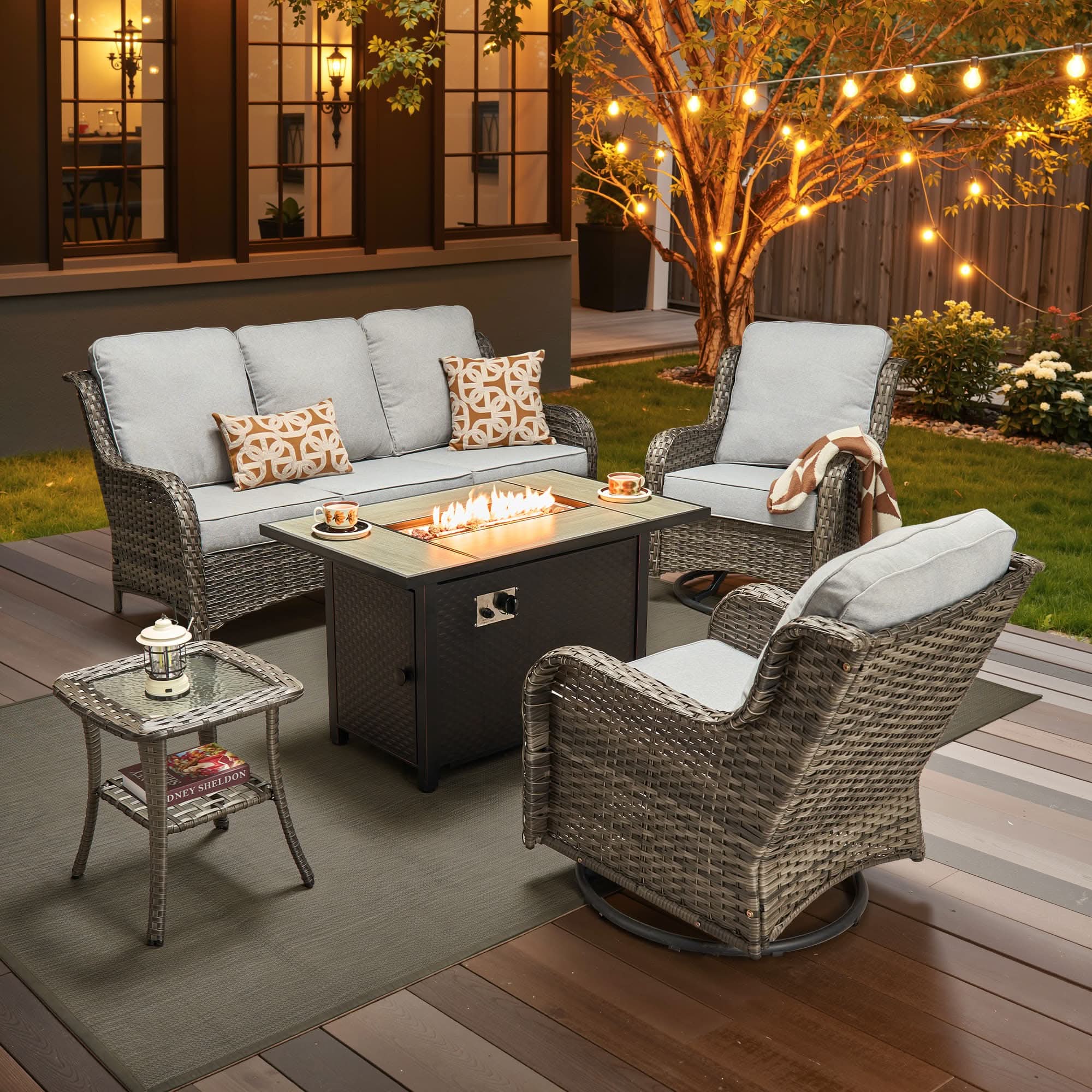 OVIOS Outdoor Wicker Patio Furniture Set with Fire Pit Table
