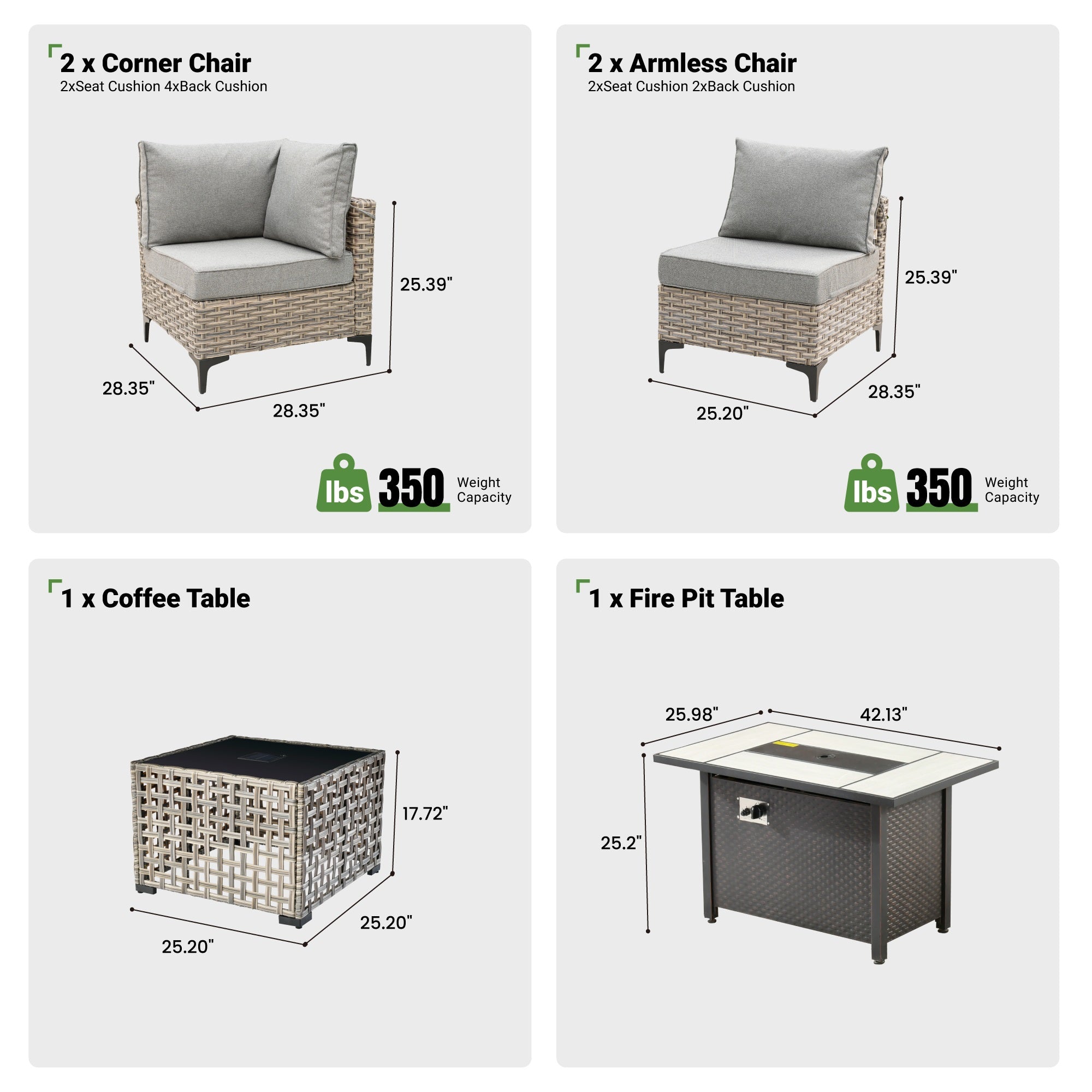 OVIOS Wicker Patio Conversation Set with Fire Pit Table & Glowing Coffee Table