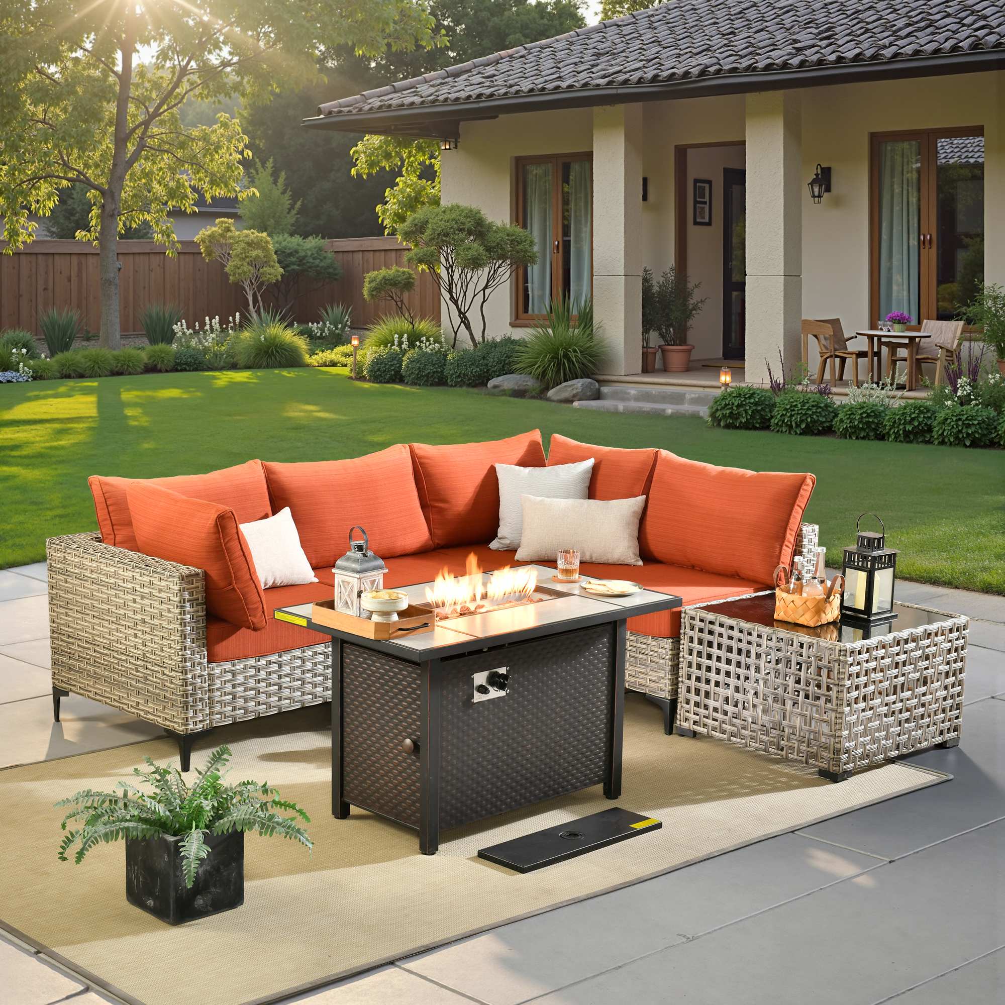 OVIOS Wicker Patio Conversation Set with Fire Pit Table & Glowing Coffee Table
