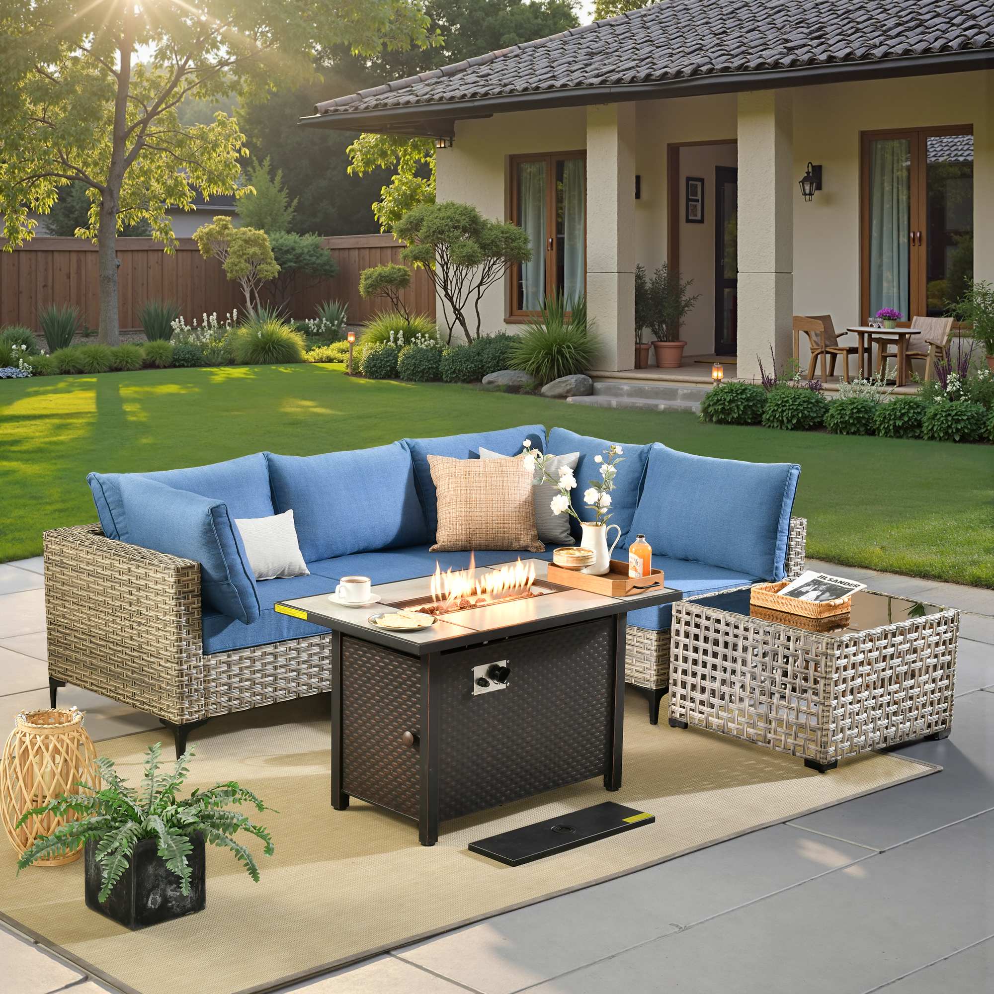 OVIOS Wicker Patio Conversation Set with Fire Pit Table & Glowing Coffee Table