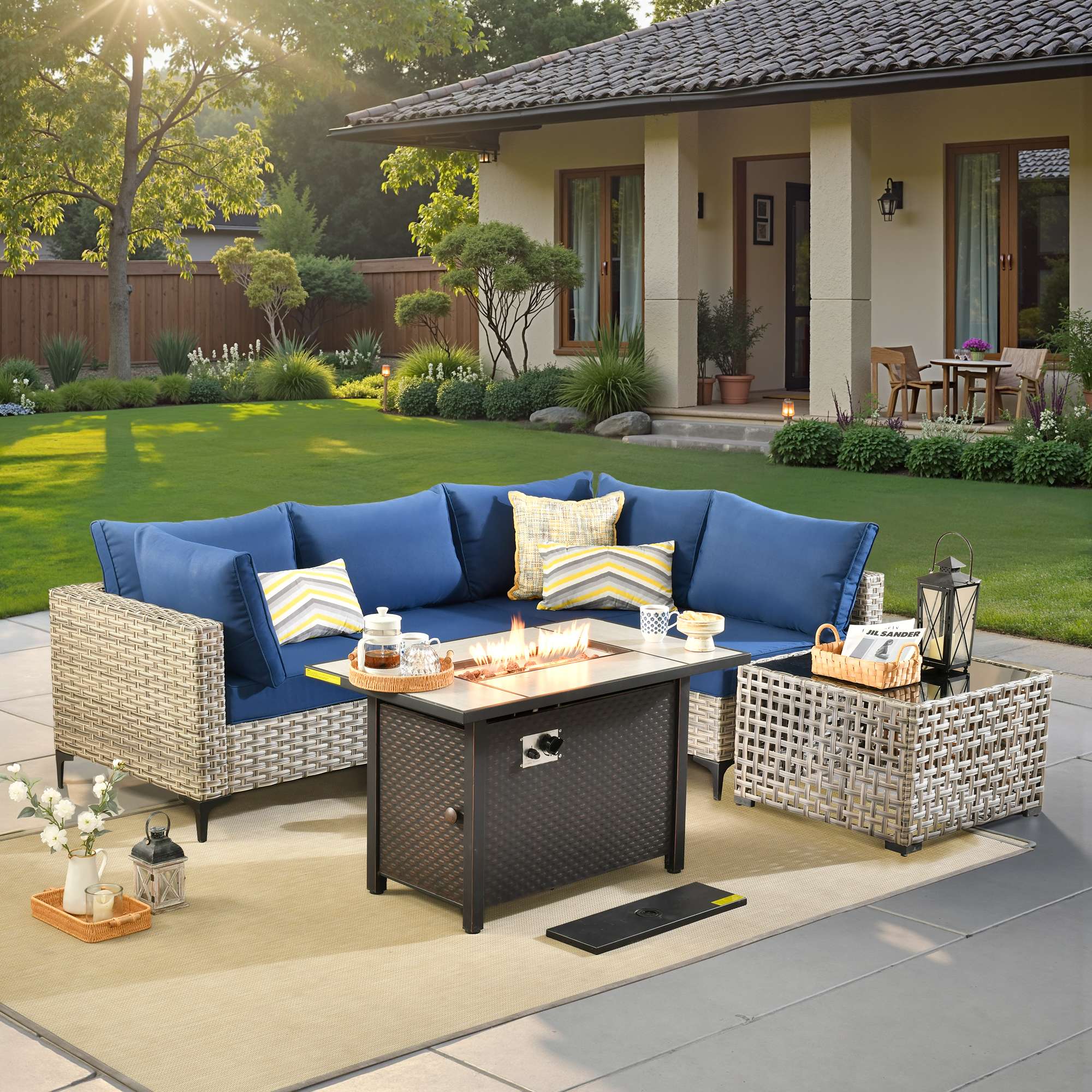 OVIOS Wicker Patio Conversation Set with Fire Pit Table & Glowing Coffee Table