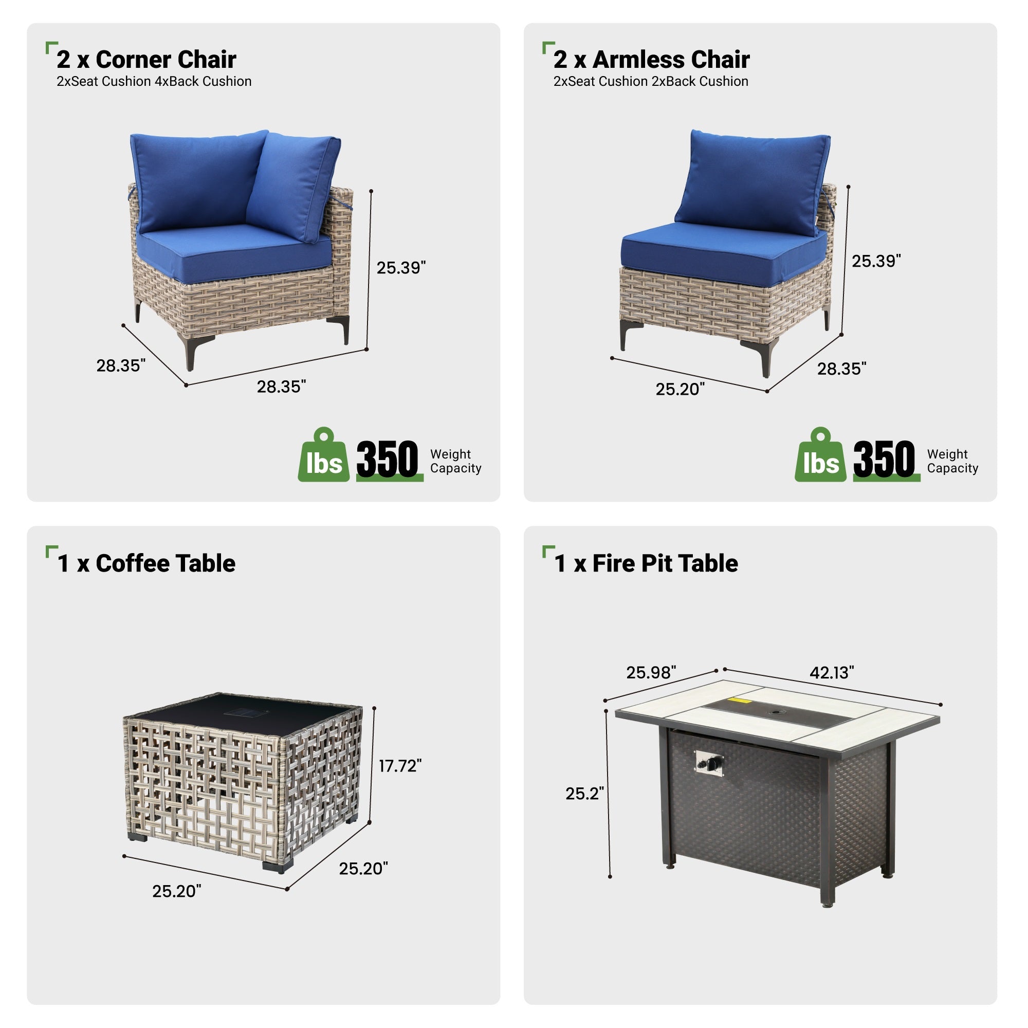 OVIOS Wicker Patio Conversation Set with Fire Pit Table & Glowing Coffee Table