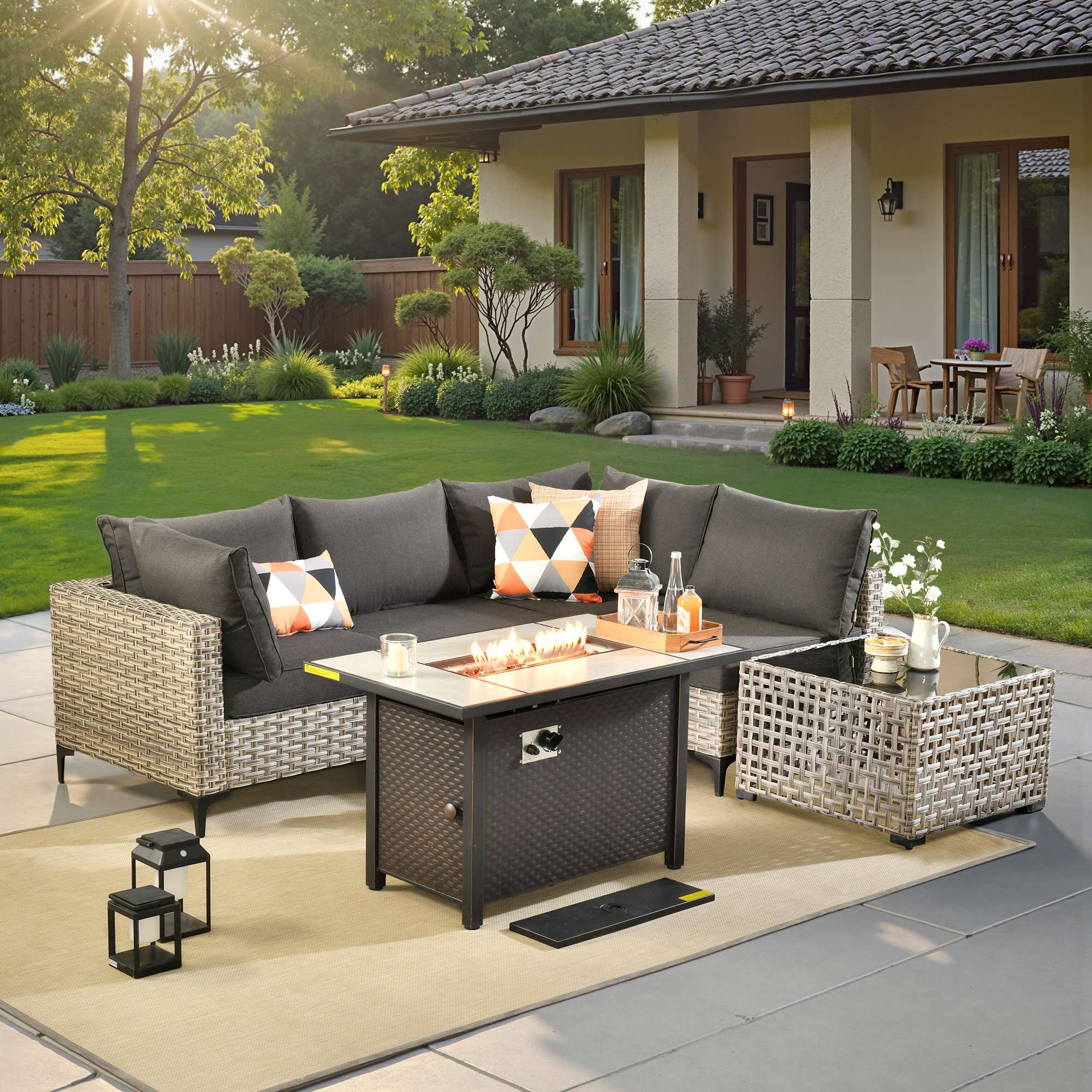 OVIOS Wicker Patio Conversation Set with Fire Pit Table & Glowing Coffee Table