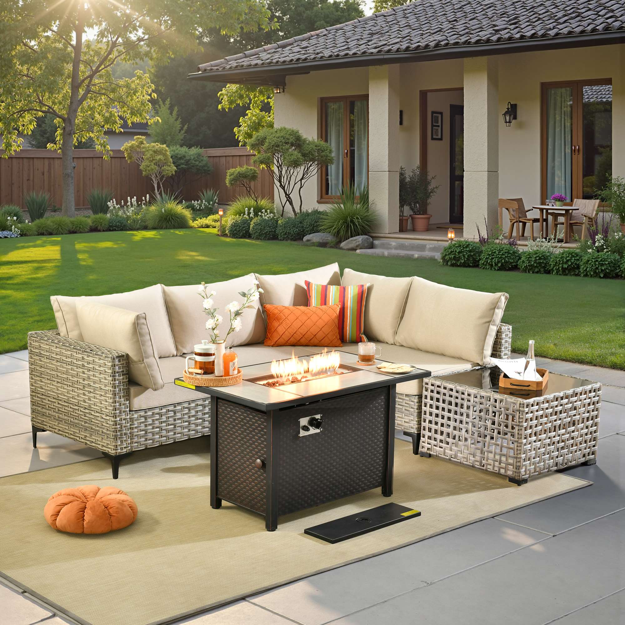 OVIOS Wicker Patio Conversation Set with Fire Pit Table & Glowing Coffee Table