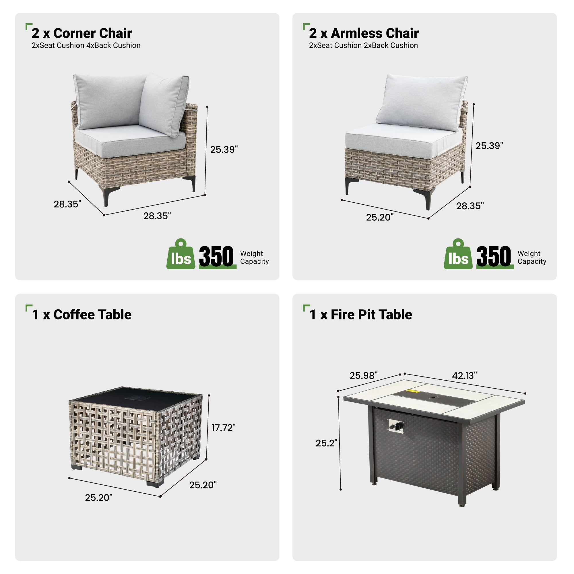 OVIOS Wicker Patio Conversation Set with Fire Pit Table & Glowing Coffee Table