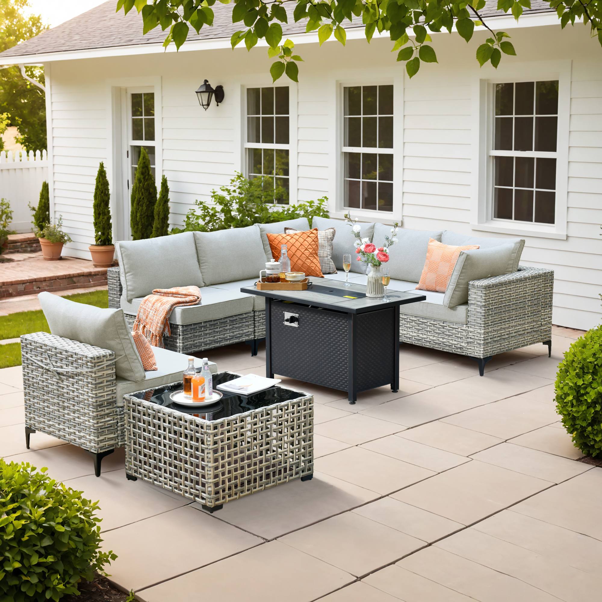 OVIOS Wicker Patio Conversation Set with Fire Pit Table & Glowing Coffee Table