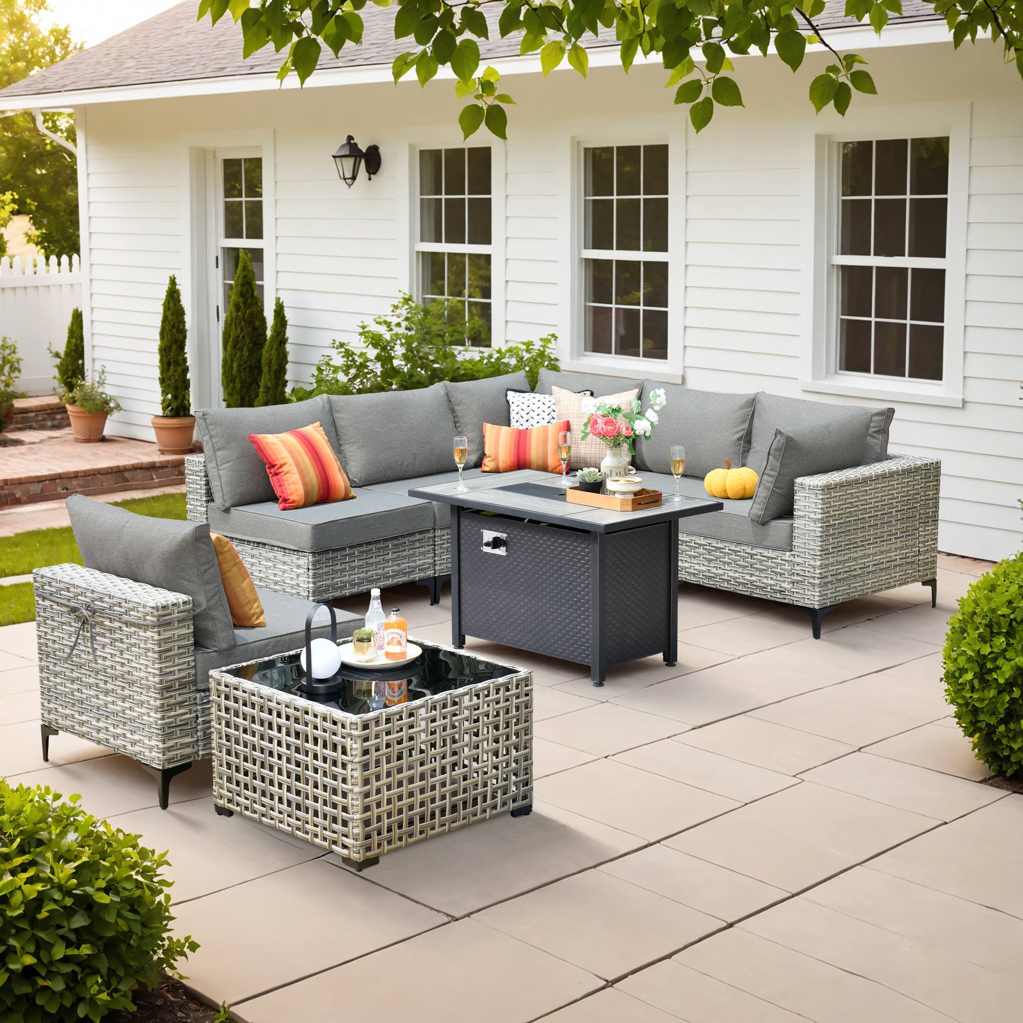 OVIOS Wicker Patio Conversation Set with Fire Pit Table & Glowing Coffee Table