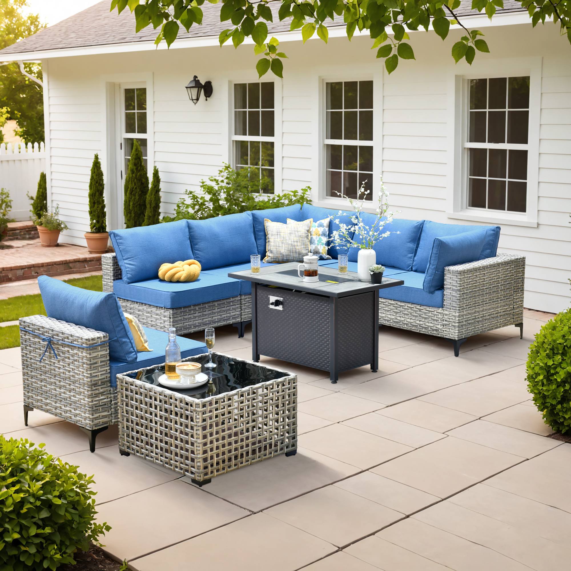 OVIOS Wicker Patio Conversation Set with Fire Pit Table & Glowing Coffee Table