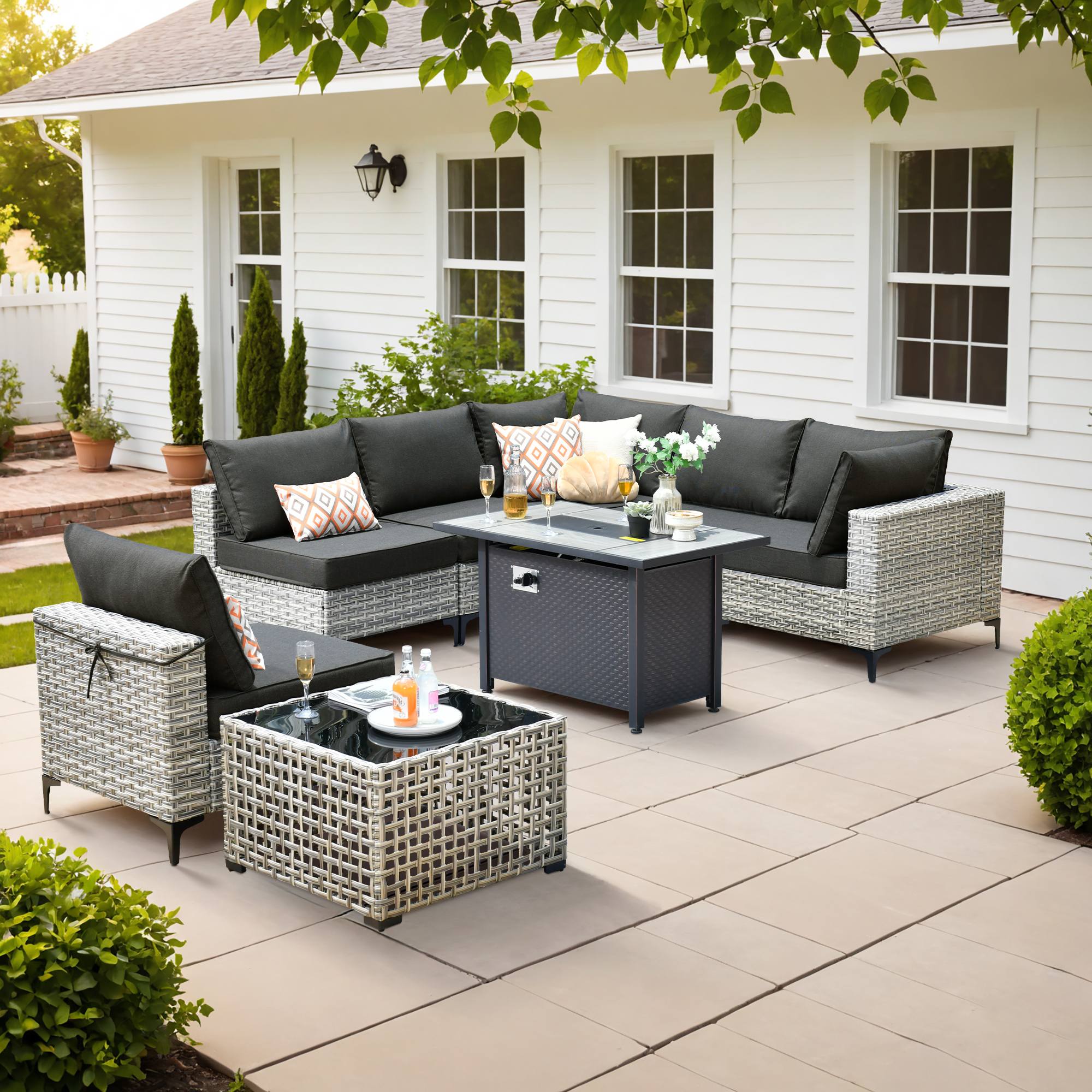 OVIOS Wicker Patio Conversation Set with Fire Pit Table & Glowing Coffee Table