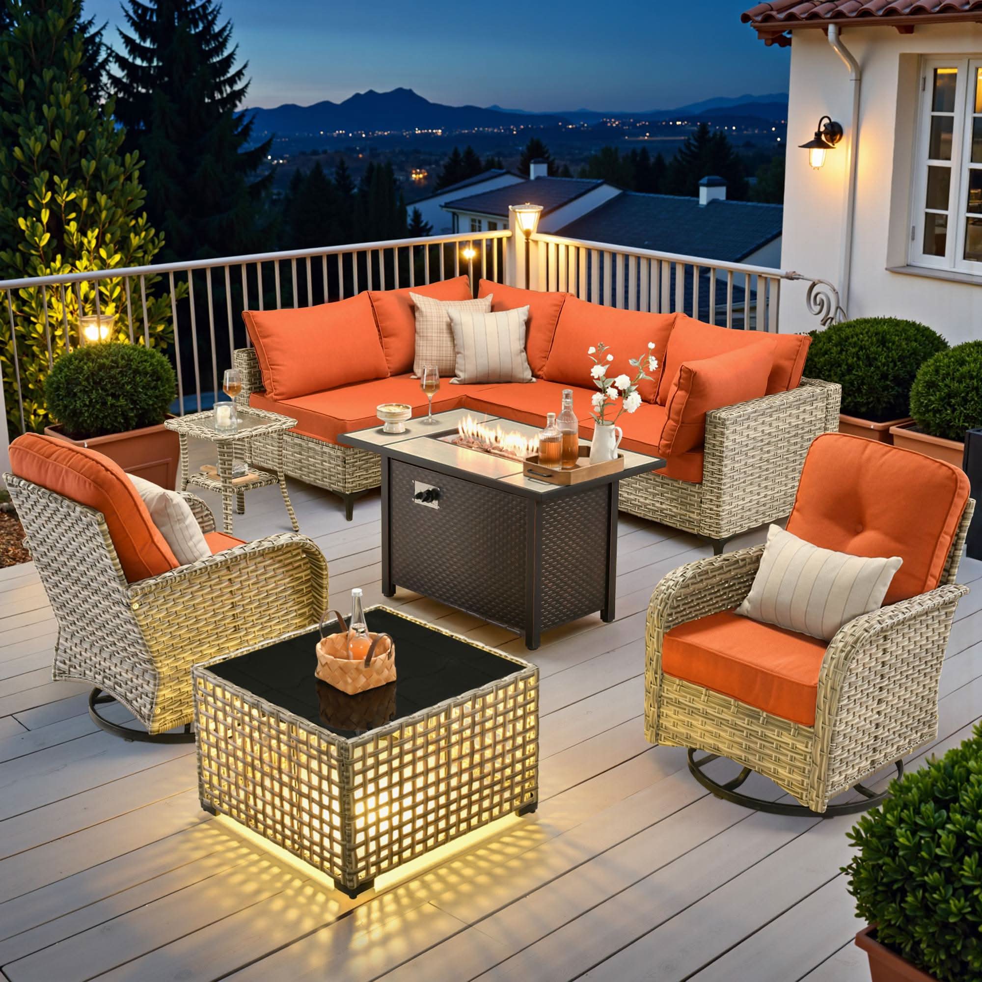 OVIOS Wicker Patio Conversation Set with Fire Pit Table for Backyard & Deck